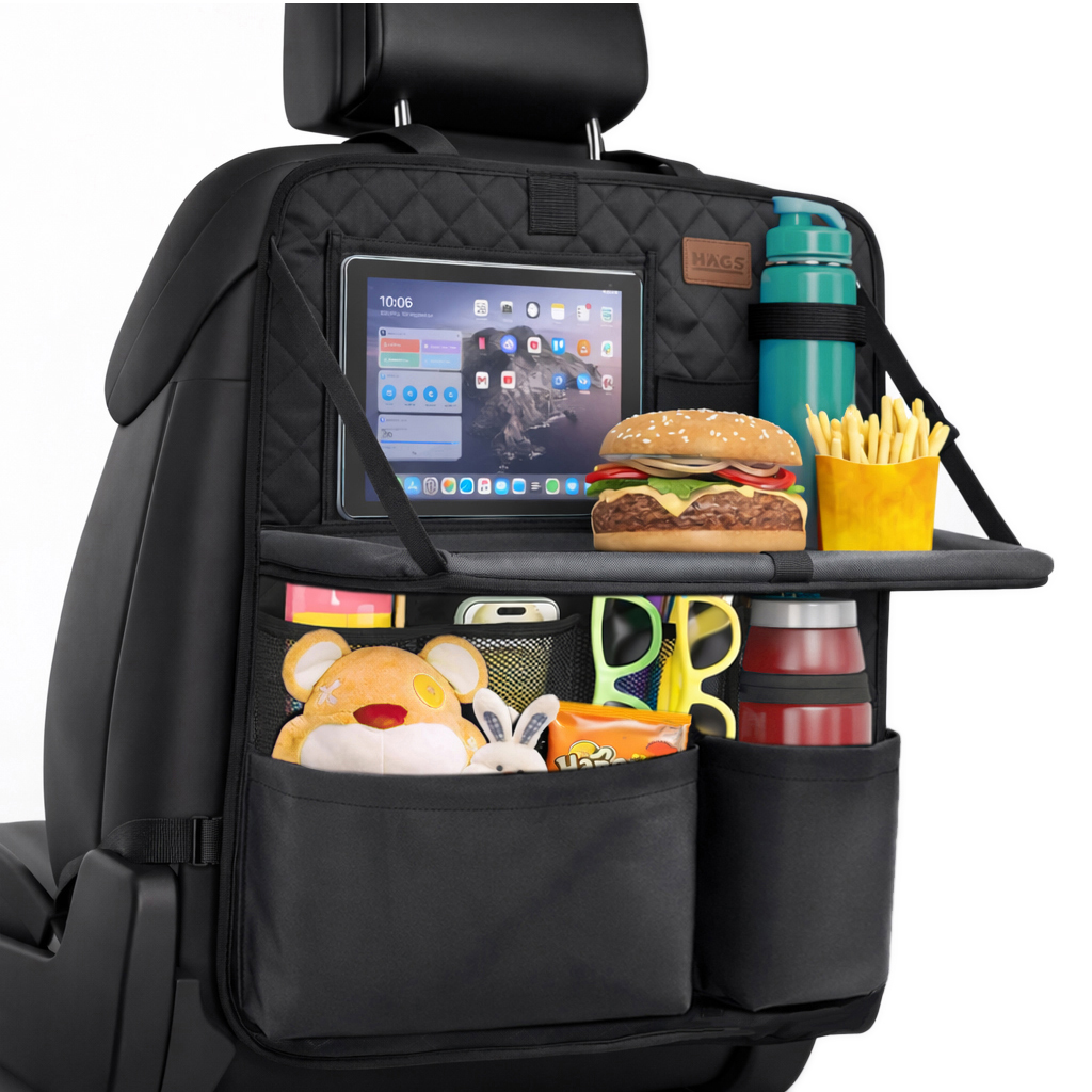 Araç Koltuk Arkası Düzenleyici Araç içi Organizer Düzenleyici Katlanır Sehpalı Çocuk Tekmeleri için çok Fonksiyonlu Araba Koltuğu Sırt Koruyucu Paspas Mat Tablet Bölmeli ve Çok Sayıda Cepli Siyah