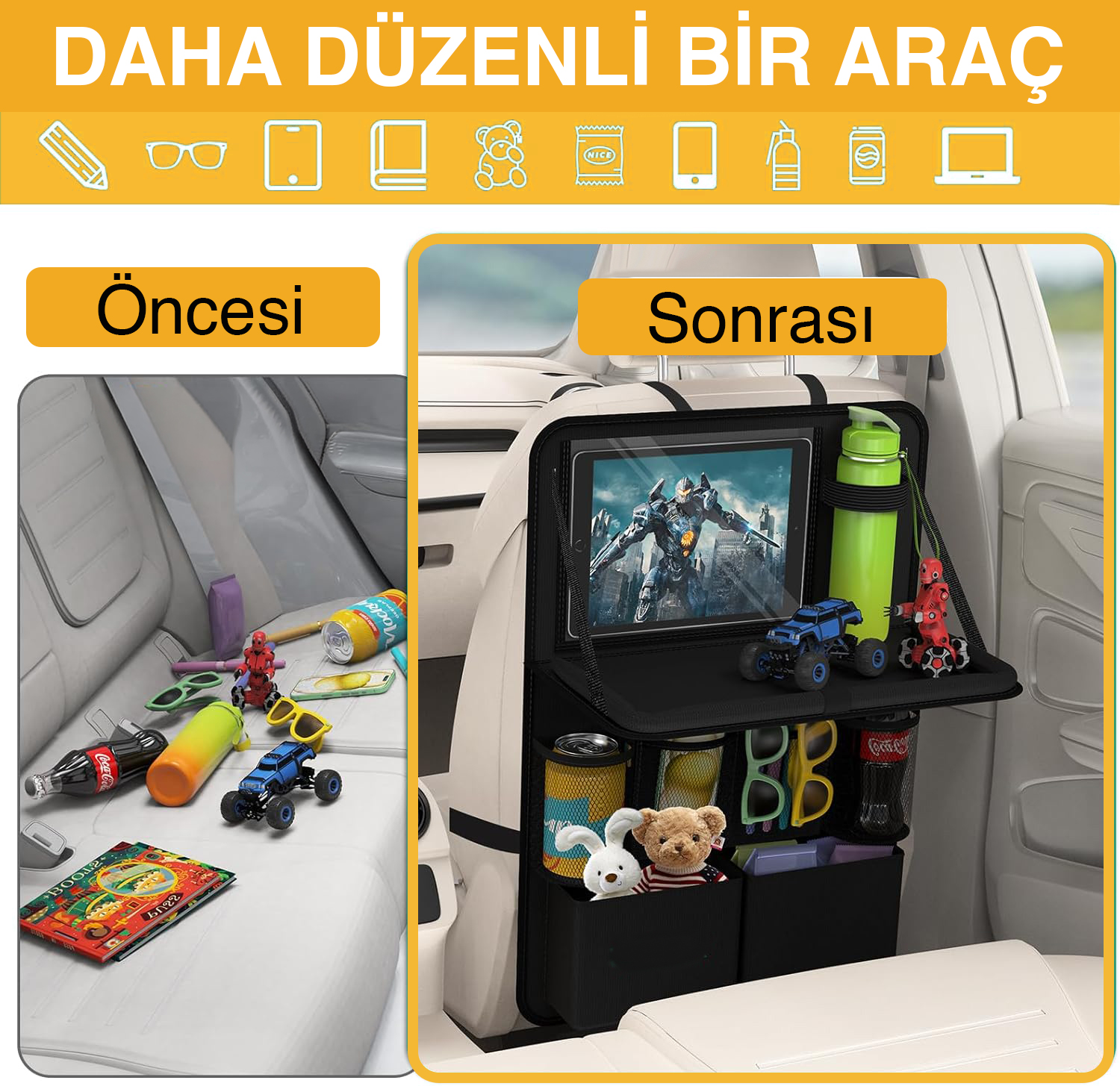 Araç Koltuk Arkası Düzenleyici Araç içi Organizer Düzenleyici Katlanır Sehpalı Çocuk Tekmeleri için çok Fonksiyonlu Araba Koltuğu Sırt Koruyucu Paspas Mat Tablet Bölmeli ve Çok Sayıda Cepli Siyah 8