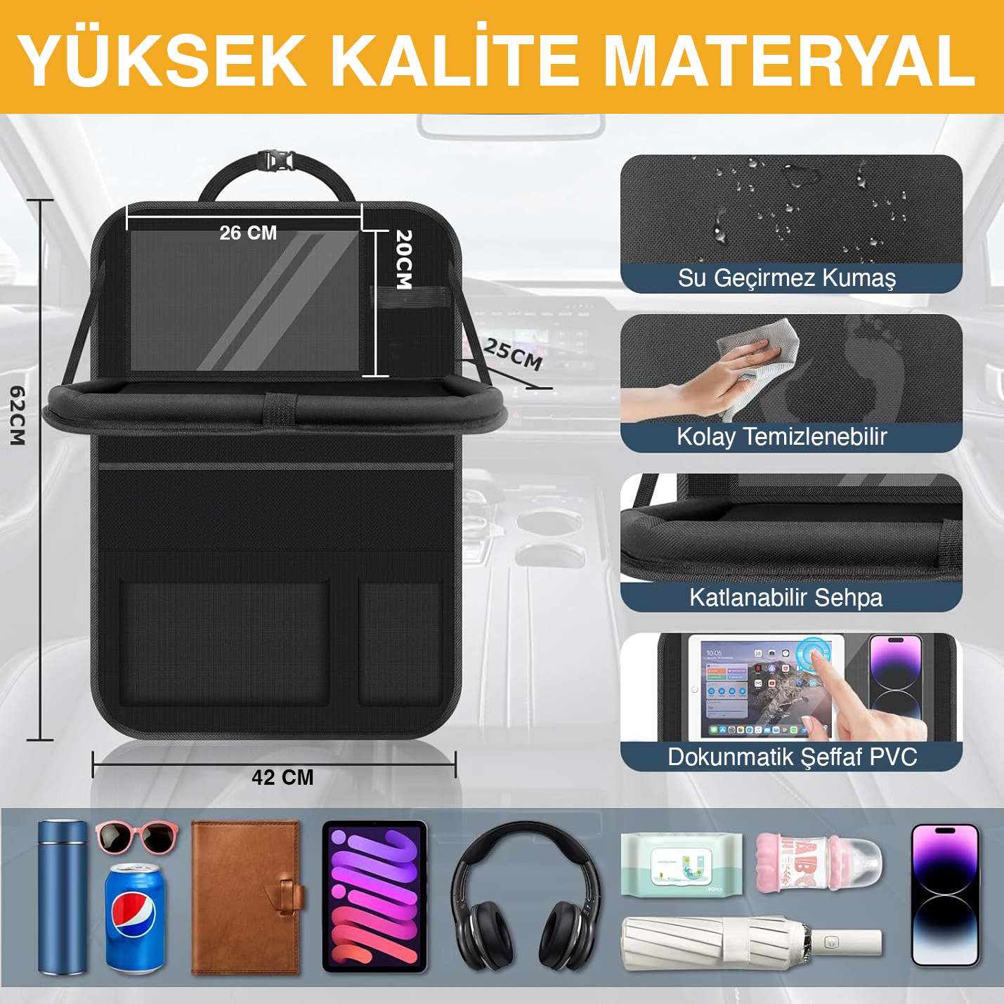 Araç Koltuk Arkası Düzenleyici Araç içi Organizer Düzenleyici Katlanır Sehpalı Çocuk Tekmeleri için çok Fonksiyonlu Araba Koltuğu Sırt Koruyucu Paspas Mat Tablet Bölmeli ve Çok Sayıda Cepli Siyah 3