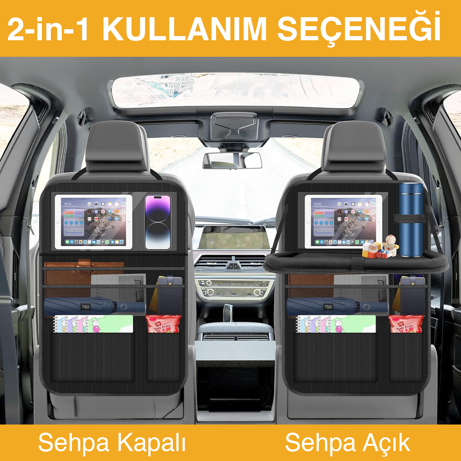 Araç Koltuk Arkası Düzenleyici Araç içi Organizer Düzenleyici Katlanır Sehpalı Çocuk Tekmeleri için çok Fonksiyonlu Araba Koltuğu Sırt Koruyucu Paspas Mat Tablet Bölmeli ve Çok Sayıda Cepli Siyah 4