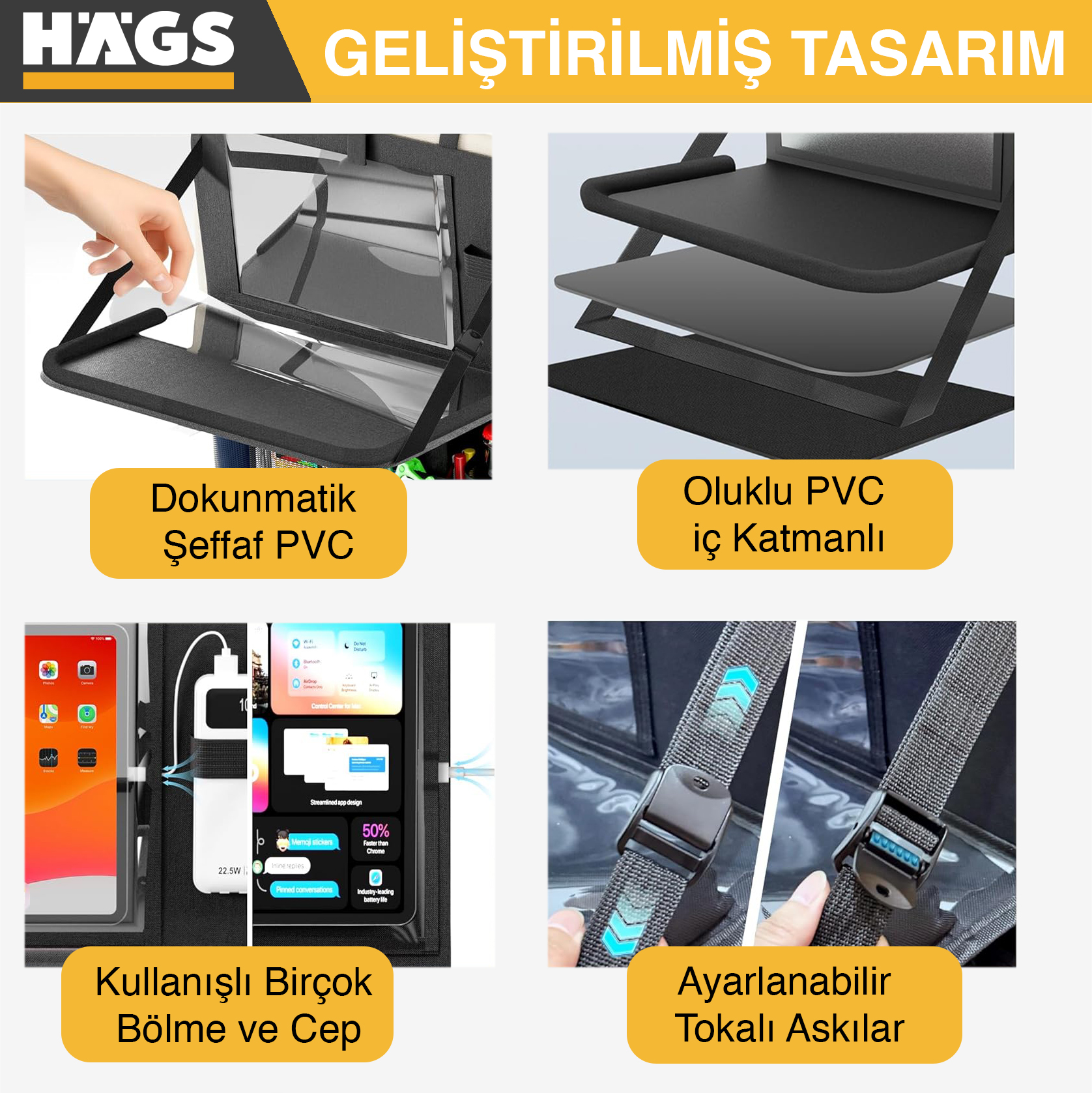 Araç Koltuk Arkası Düzenleyici Araç içi Organizer Düzenleyici Katlanır Sehpalı Çocuk Tekmeleri için çok Fonksiyonlu Araba Koltuğu Sırt Koruyucu Paspas Mat Tablet Bölmeli ve Çok Sayıda Cepli Siyah 7