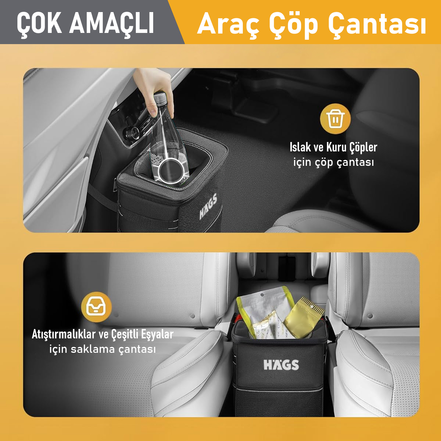 HAEGS Araç içi Çöp Çantası Araba Çöp Kovası - Oto Çöp Kutusu Kapaklı ve Saklama Cepli 100 Sızdırmaz Organizer Çanta Su Geçirmez Oto Çöp Kutusu Çok Amaçlı Araç içi Düzenleyici Çanta 8 Lt - Siyah 4