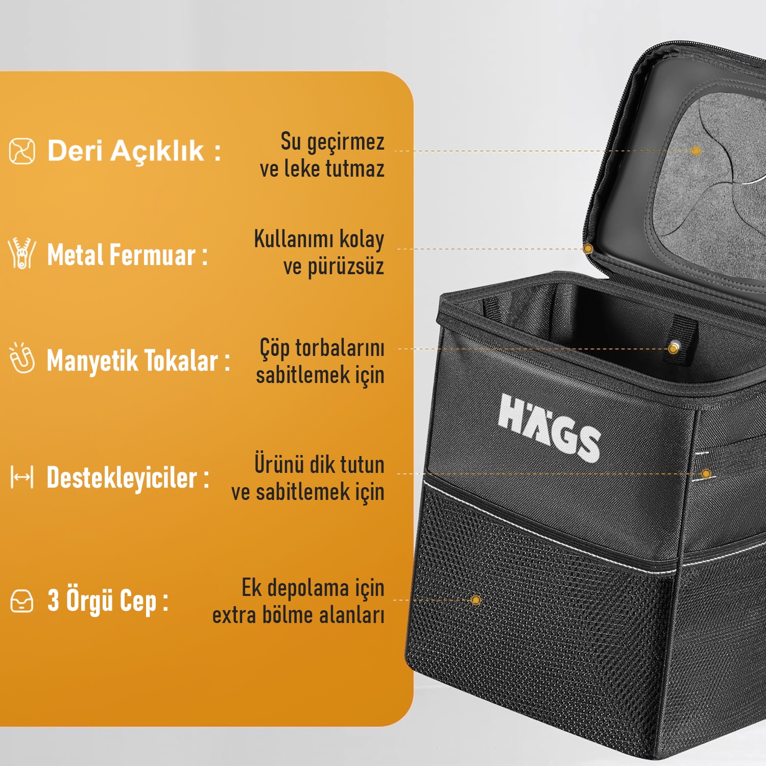 HAEGS Araç içi Çöp Çantası Araba Çöp Kovası - Oto Çöp Kutusu Kapaklı ve Saklama Cepli 100 Sızdırmaz Organizer Çanta Su Geçirmez Oto Çöp Kutusu Çok Amaçlı Araç içi Düzenleyici Çanta 8 Lt - Siyah 5