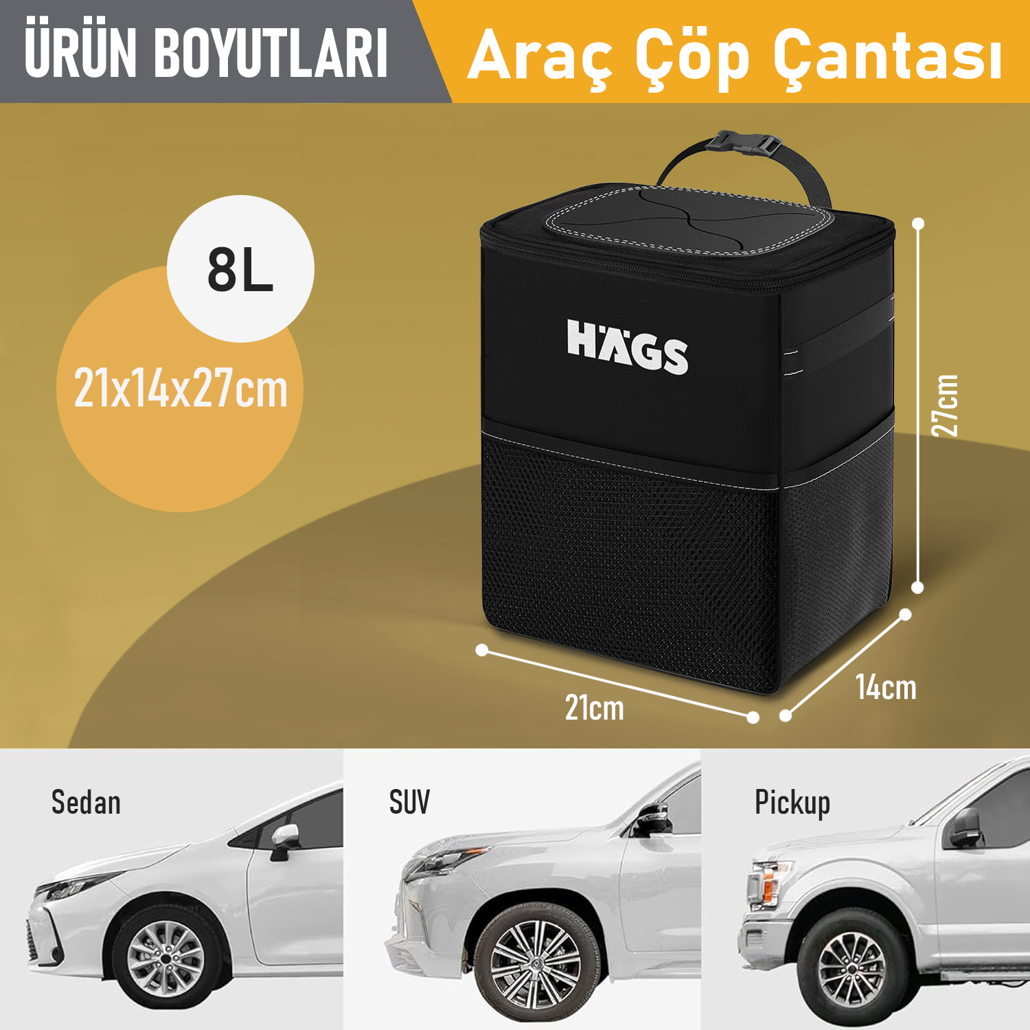 HAEGS Araç içi Çöp Çantası Araba Çöp Kovası - Oto Çöp Kutusu Kapaklı ve Saklama Cepli 100 Sızdırmaz Organizer Çanta Su Geçirmez Oto Çöp Kutusu Çok Amaçlı Araç içi Düzenleyici Çanta 8 Lt - Siyah 4
