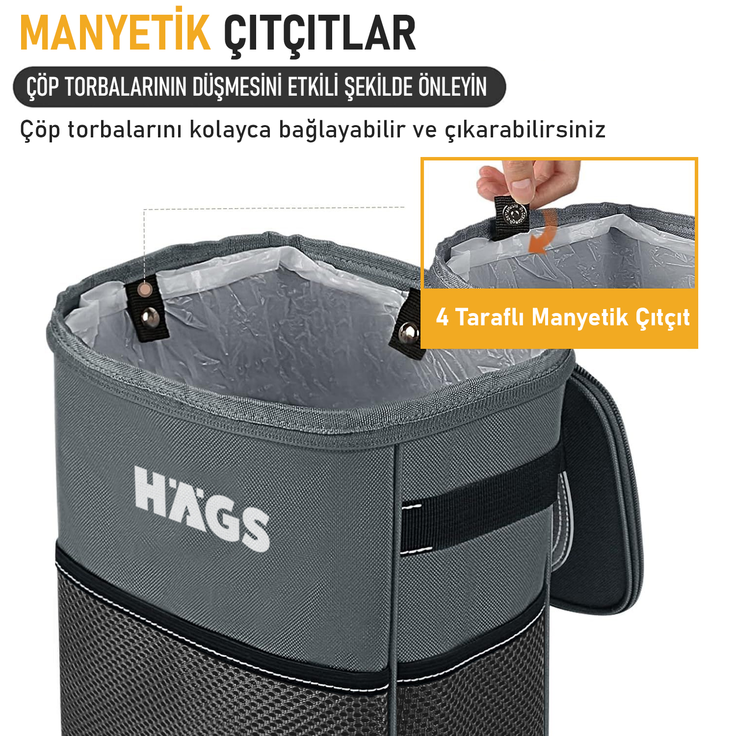 HAEGS Araç içi Çöp Çantası Araba Çöp Kovası - Oto Çöp Kutusu Kapaklı ve Saklama Cepli 100 Sızdırmaz Organizer Çanta Su Geçirmez Oto Çöp Kutusu Çok Amaçlı Araç içi Düzenleyici Çanta 8 Lt - Siyah 5