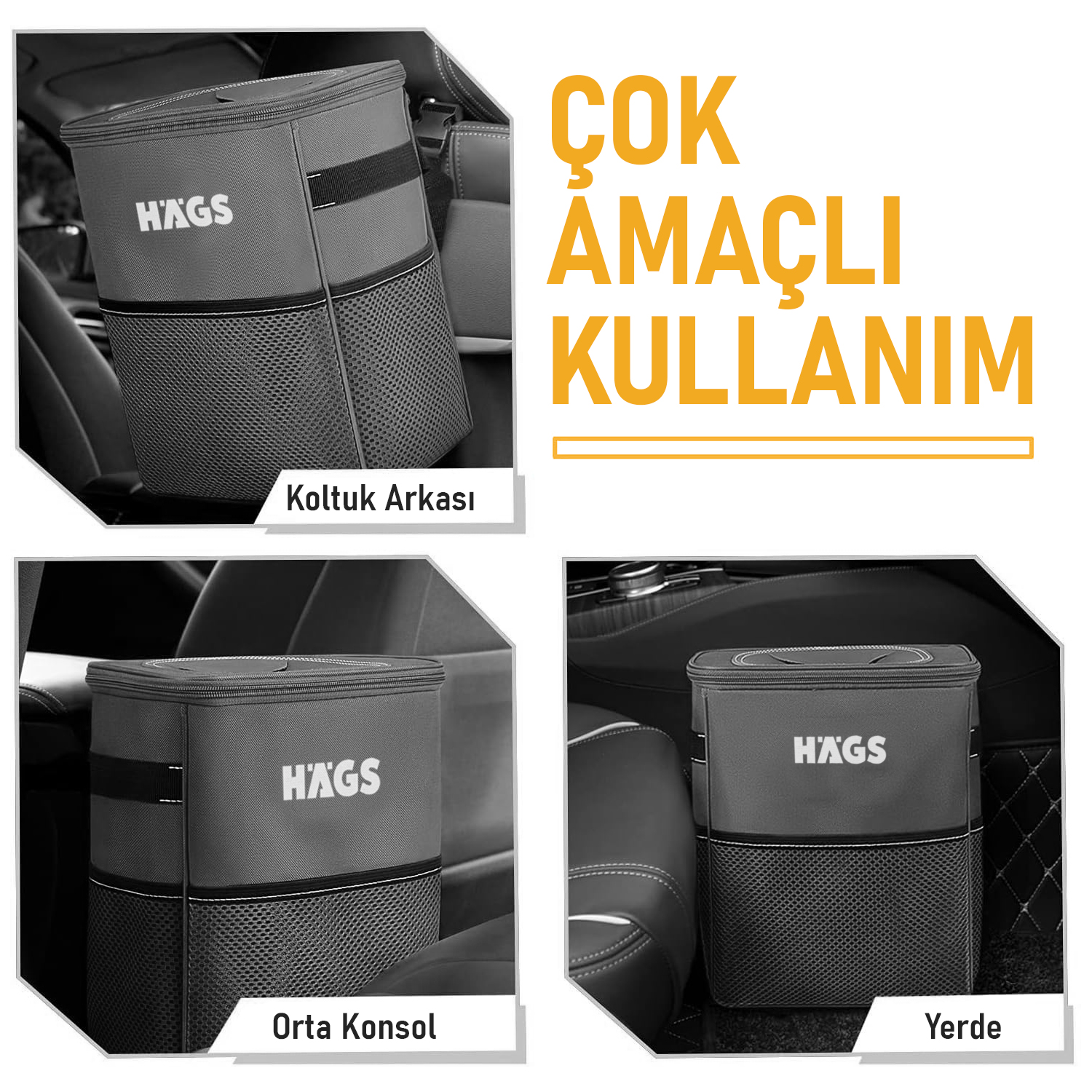 HAEGS Araç içi Çöp Çantası Araba Çöp Kovası - Oto Çöp Kutusu Kapaklı ve Saklama Cepli 100 Sızdırmaz Organizer Çanta Su Geçirmez Oto Çöp Kutusu Çok Amaçlı Araç içi Düzenleyici Çanta 8 Lt - Siyah 6