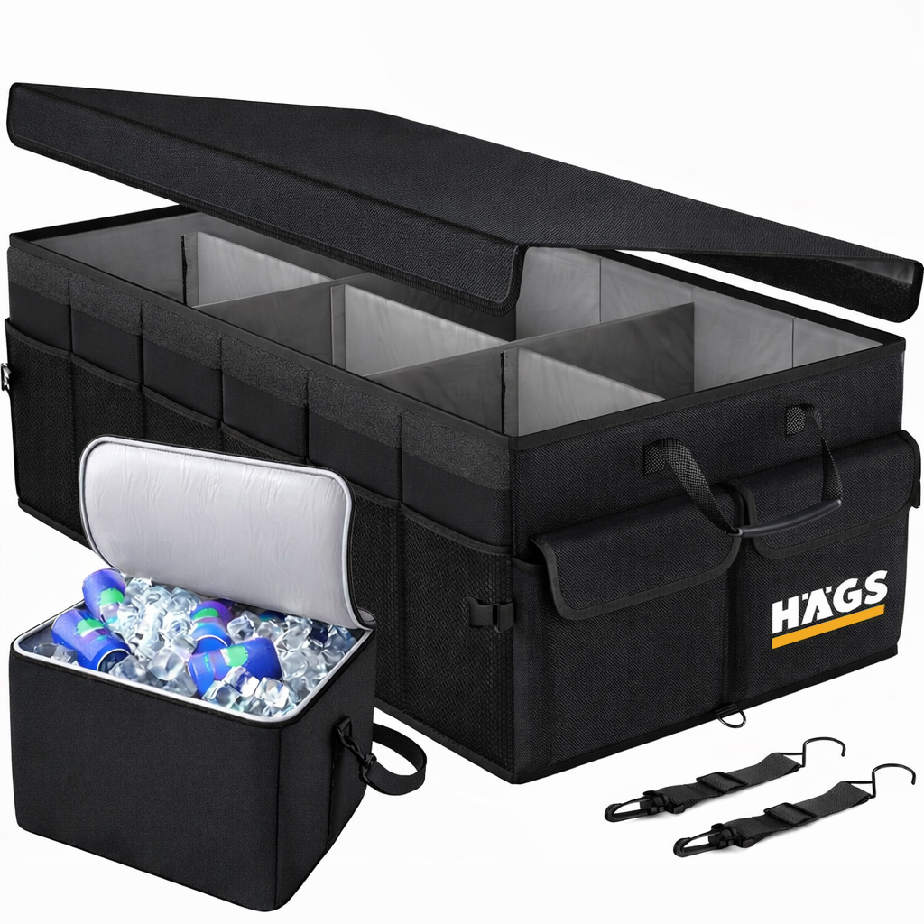 HAEGS Araç Bagaj Düzenleyici Soğutucu Çantalı Bagaj Organizer Sağlam Katlanabilir Otomobil ve SUV lar için Cepli 3 Ana Bölmeli 100L 90x40x28 cm - Siyah