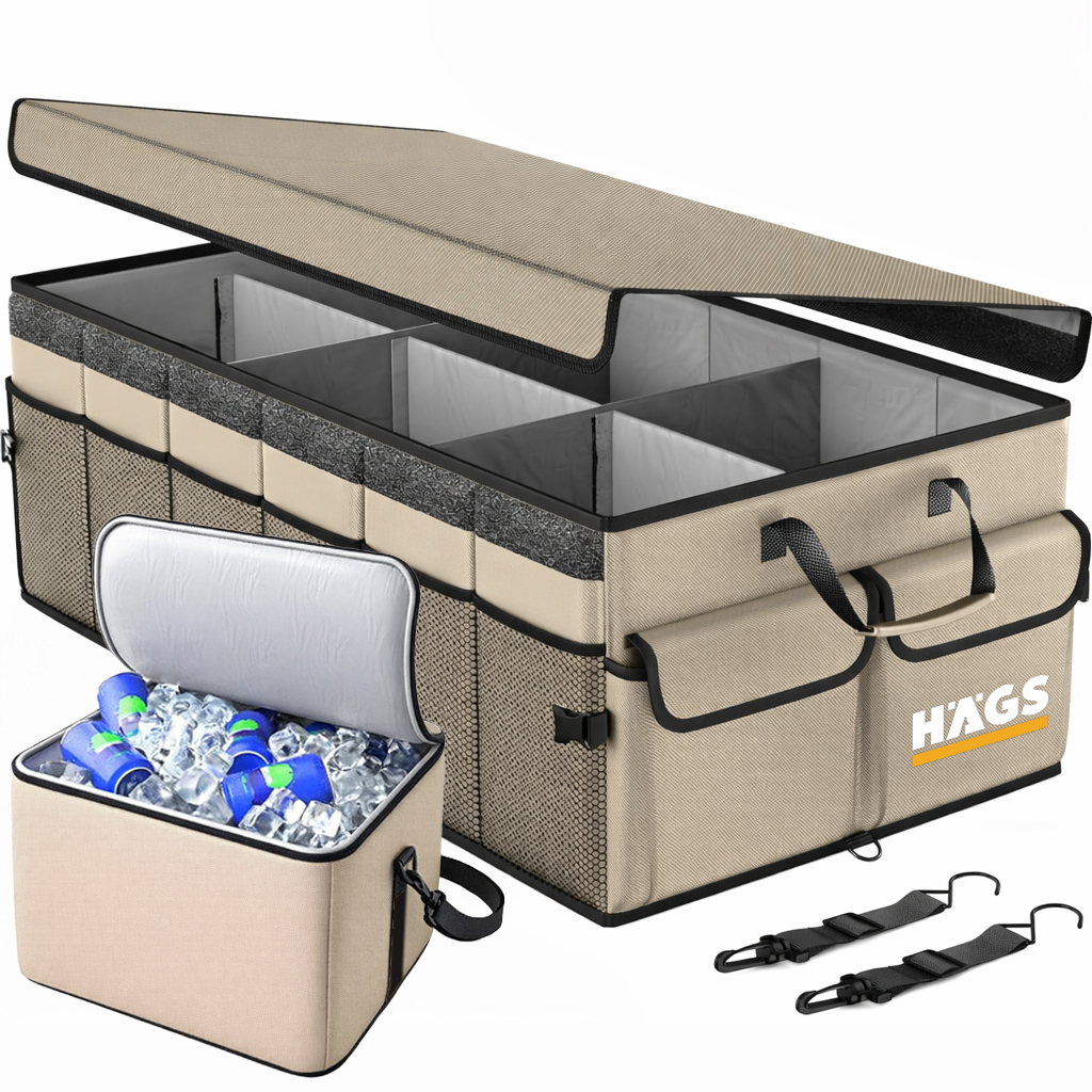 HAEGS Araç Bagaj Düzenleyici Soğutucu Çantalı Bagaj Organizer Sağlam Katlanabilir Otomobil ve SUV lar için Cepli 3 Ana Bölmeli 100L 90x40x28 cm - Bej