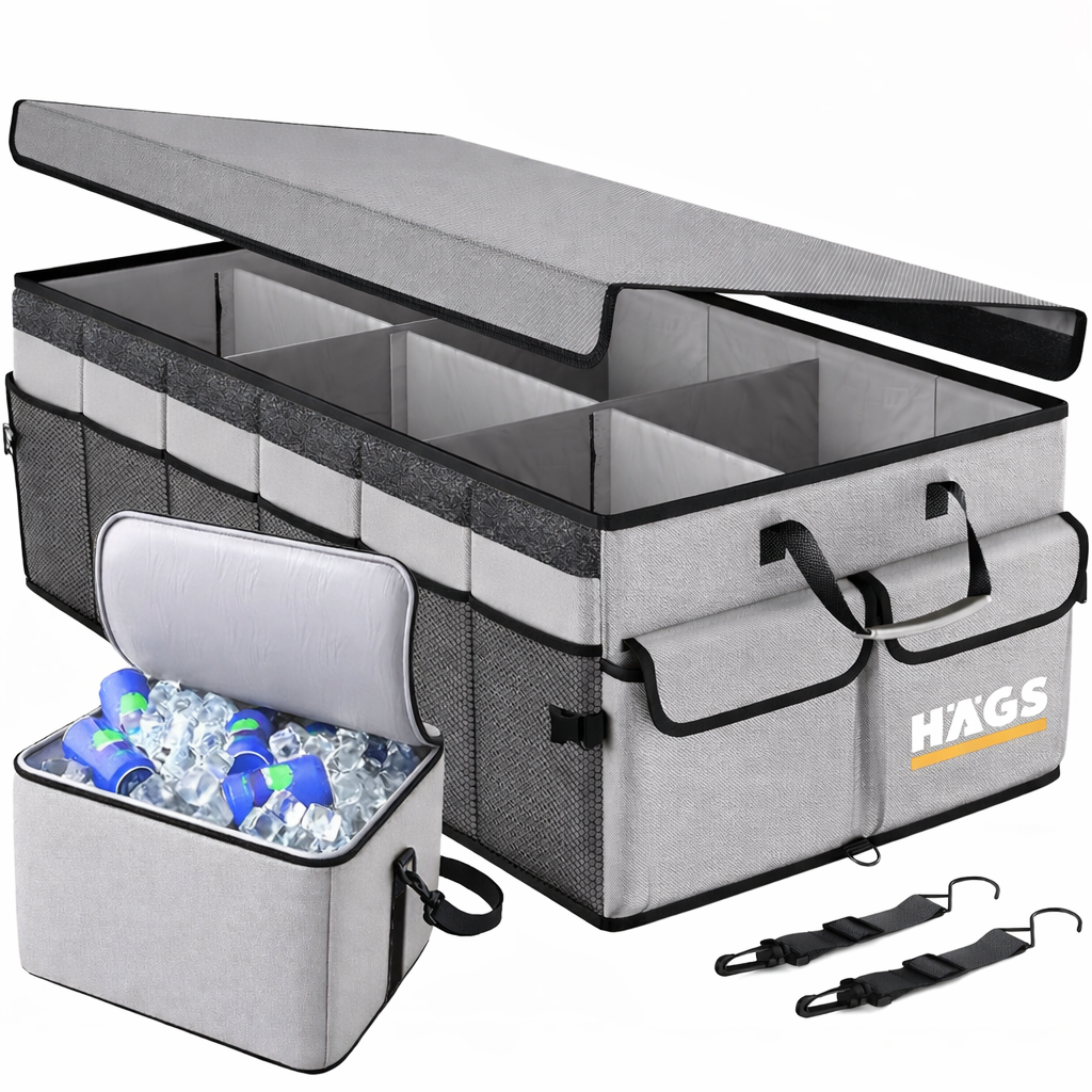 HAEGS Araç Bagaj Düzenleyici Soğutucu Çantalı Bagaj Organizer Sağlam Katlanabilir Otomobil ve SUV lar için Cepli 3 Ana Bölmeli 100L 90x40x28 cm - Gri