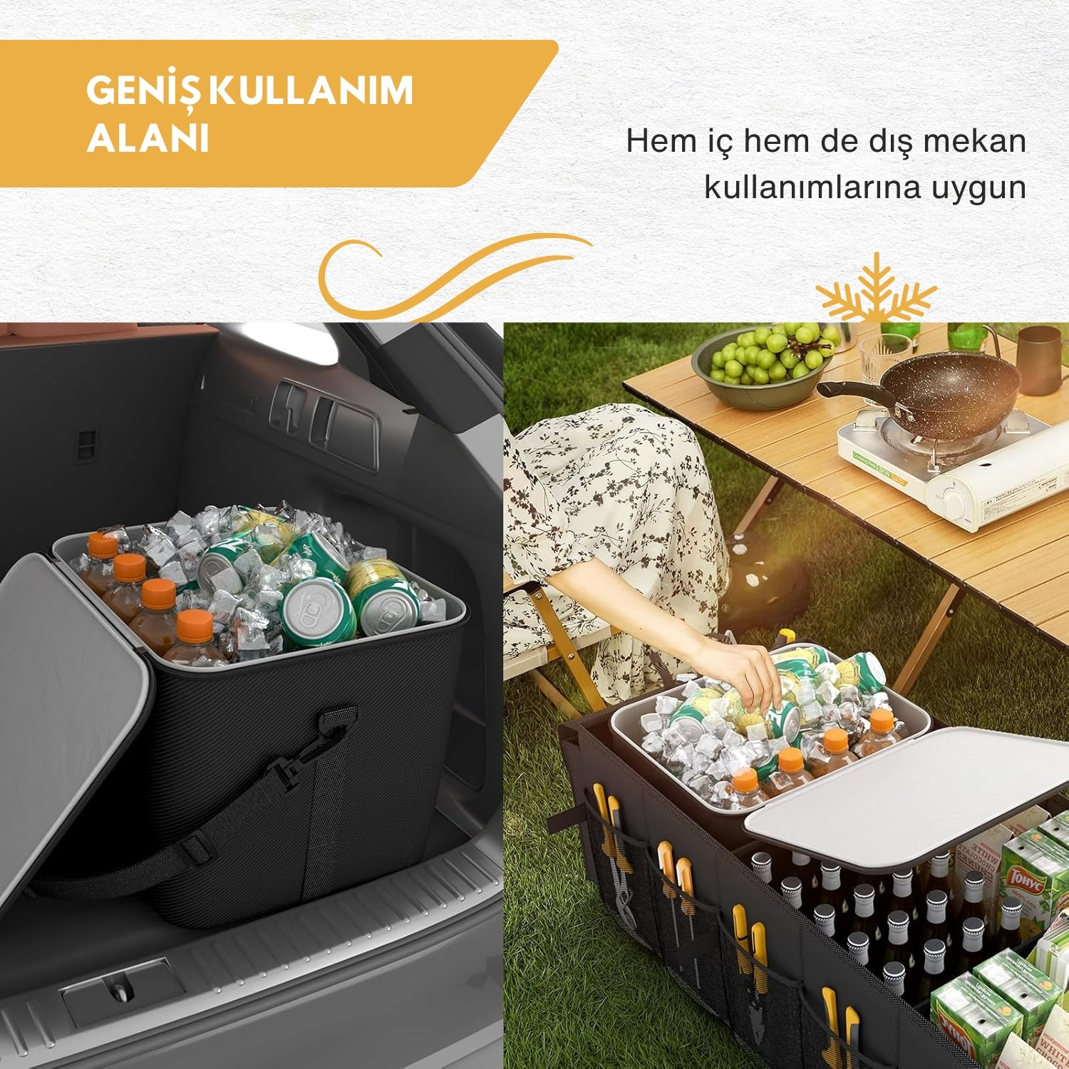 HAEGS Araç Bagaj Düzenleyici Soğutucu Çantalı Bagaj Organizer Sağlam Katlanabilir Otomobil ve SUV lar için Cepli 3 Ana Bölmeli 70L 75x35x28 cm - Siyah 4