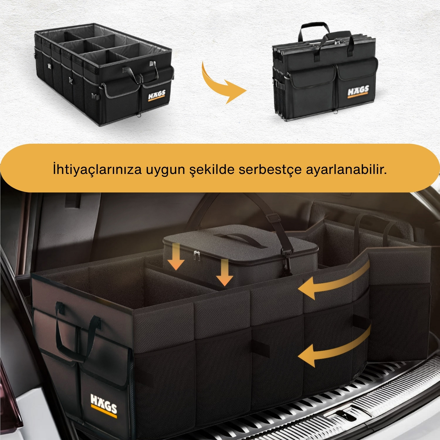 HAEGS Araç Bagaj Düzenleyici Soğutucu Çantalı Bagaj Organizer Sağlam Katlanabilir Otomobil ve SUV lar için Cepli 3 Ana Bölmeli 70L 75x35x28 cm - Gri 11