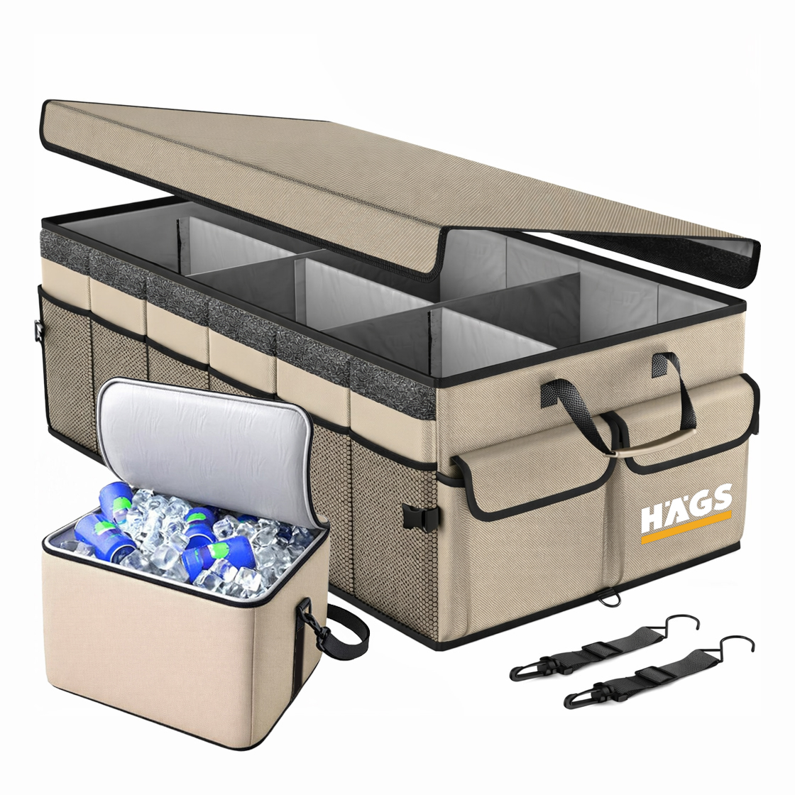 HAEGS Araç Bagaj Düzenleyici Soğutucu Çantalı Bagaj Organizer Sağlam Katlanabilir Otomobil ve SUV lar için Cepli 3 Ana Bölmeli 70L 75x35x28 cm - Bej
