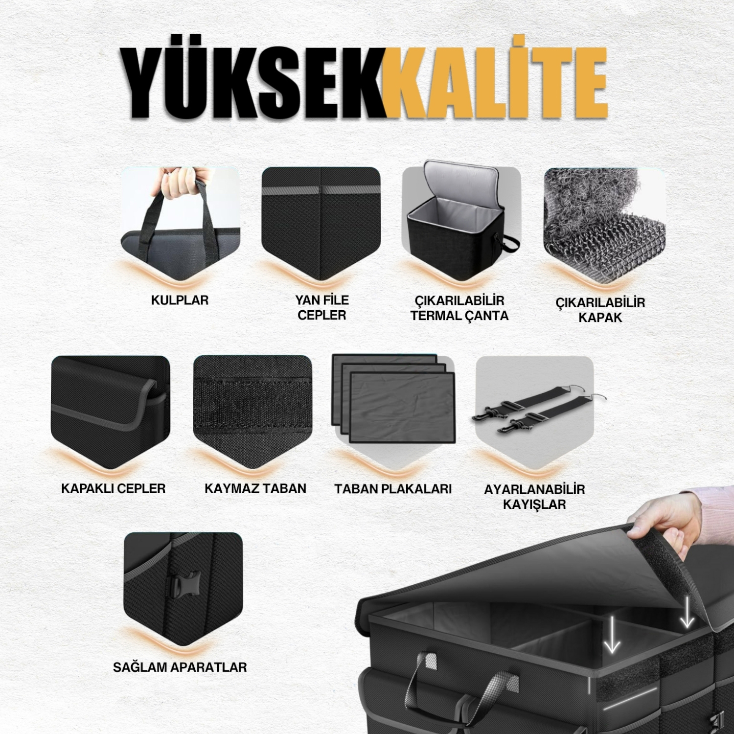 HAEGS Araç Bagaj Düzenleyici Soğutucu Çantalı Bagaj Organizer Sağlam Katlanabilir Otomobil ve SUV lar için Cepli 3 Ana Bölmeli 70L 75x35x28 cm - Bej 3