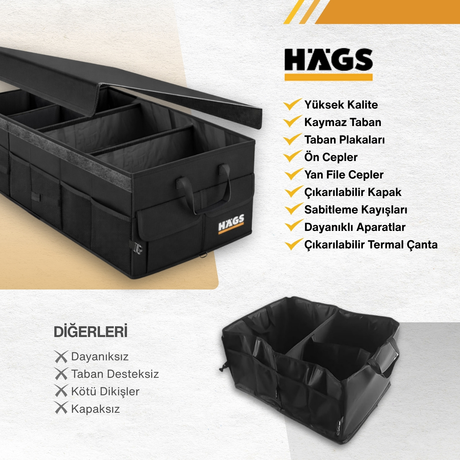 HAEGS Araç Bagaj Düzenleyici Soğutucu Çantalı Bagaj Organizer Sağlam Katlanabilir Otomobil ve SUV lar için Cepli 3 Ana Bölmeli 70L 75x35x28 cm - Bej 10