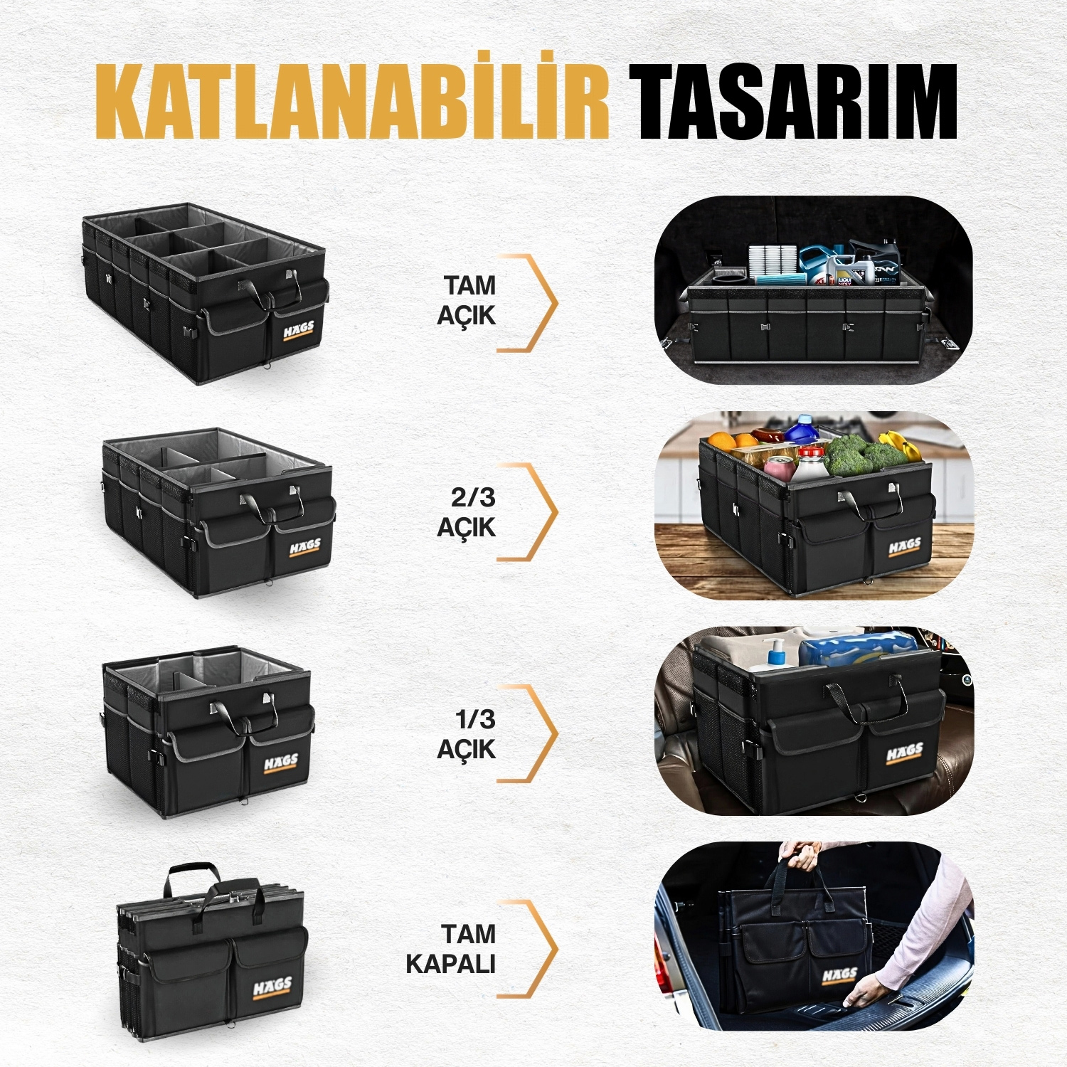 HAEGS Araç Bagaj Düzenleyici Soğutucu Çantalı Bagaj Organizer Sağlam Katlanabilir Otomobil ve SUV lar için Cepli 3 Ana Bölmeli 70L 75x35x28 cm - Bej 11