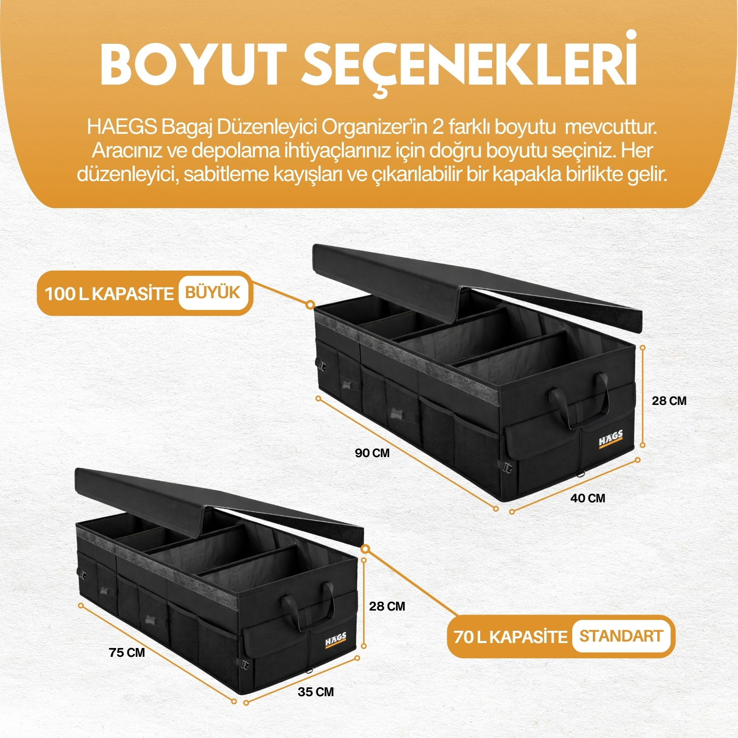 HAEGS Araç Bagaj Düzenleyici Soğutucu Çantalı Bagaj Organizer Sağlam Katlanabilir Otomobil ve SUV lar için Cepli 3 Ana Bölmeli 100L 90x40x28 cm - Gri 2