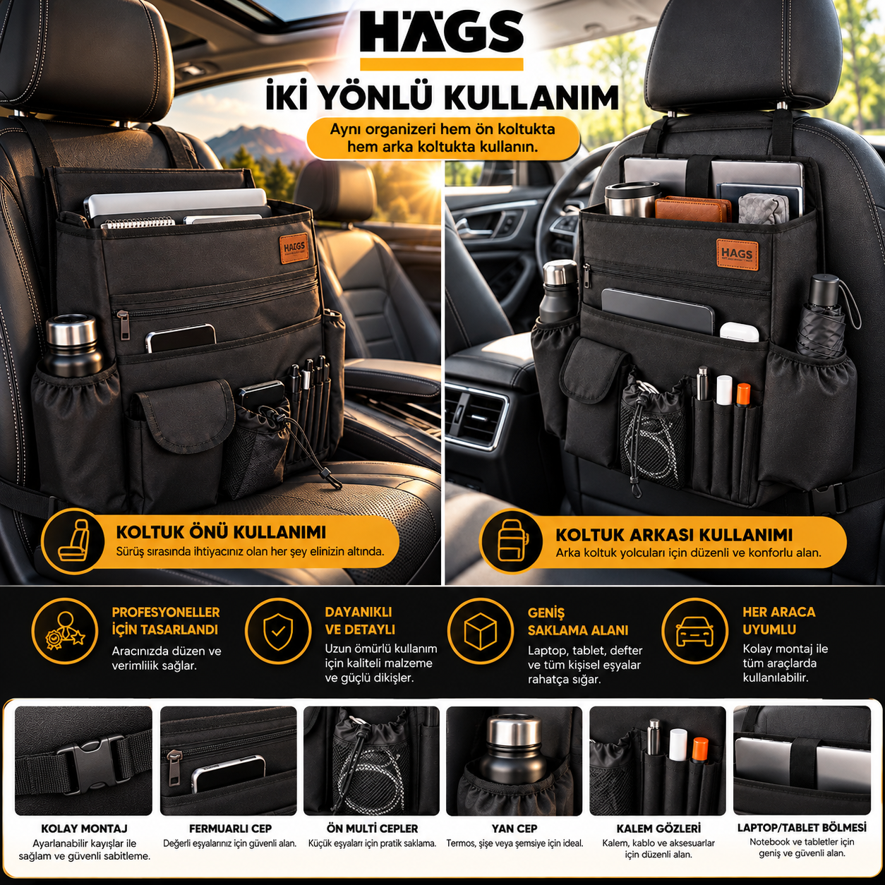 HAEGS Araç Ön Koltuk Organizer Çanta Oto Düzenleyici Organizer Omuz Askılı Taşınabilir Ön Arka Koltuk Arkası Multi İşlevli Saklama Çantası Teknisyen Plasiyer Polis Araç Çantası - Gri 8