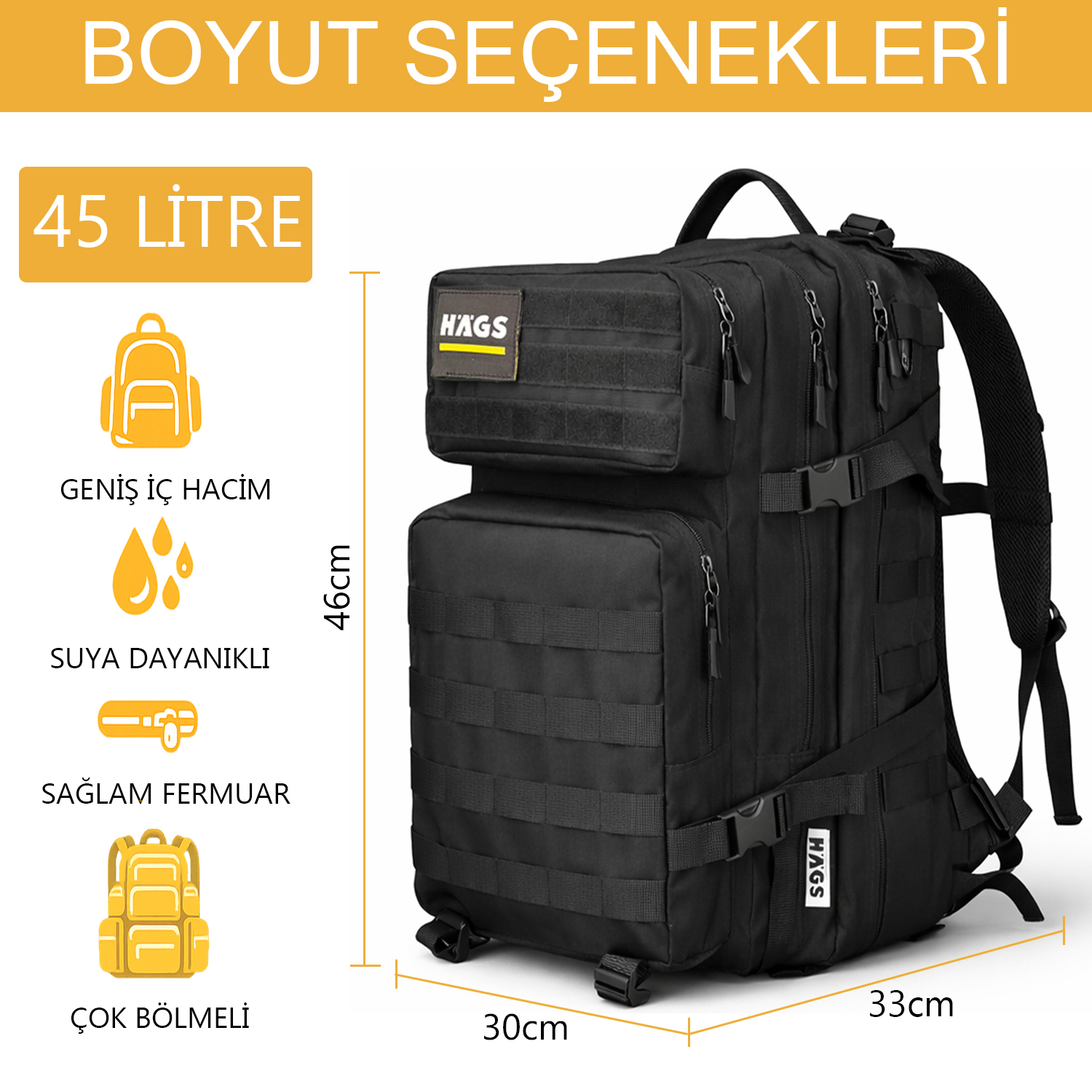 HAEGS Askeri Taktik Sırt Çantası Ordu Derecesinde Sağlam Ağır Hizmet Taktik Çanta 3 Günlük Acil Durum Hücum Çantası Kampçılık Dağcılık Trekking Seyahat Sırt Çantası- 45L - Sarı 3