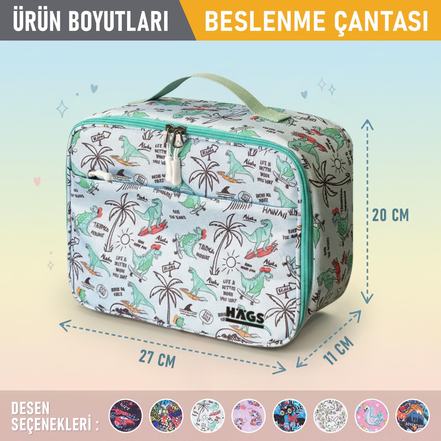 HAEGS Çocuk Beslenme Çantası Kız Çocukları için Öğle Yemeği Kutusu - Termal Yalıtımlı Kız Çocuk Beslenme Çantası Kreş ve Okul İçin Küçük Öğrenci Öğle Yemeği Kutusu - Dino İsland 2