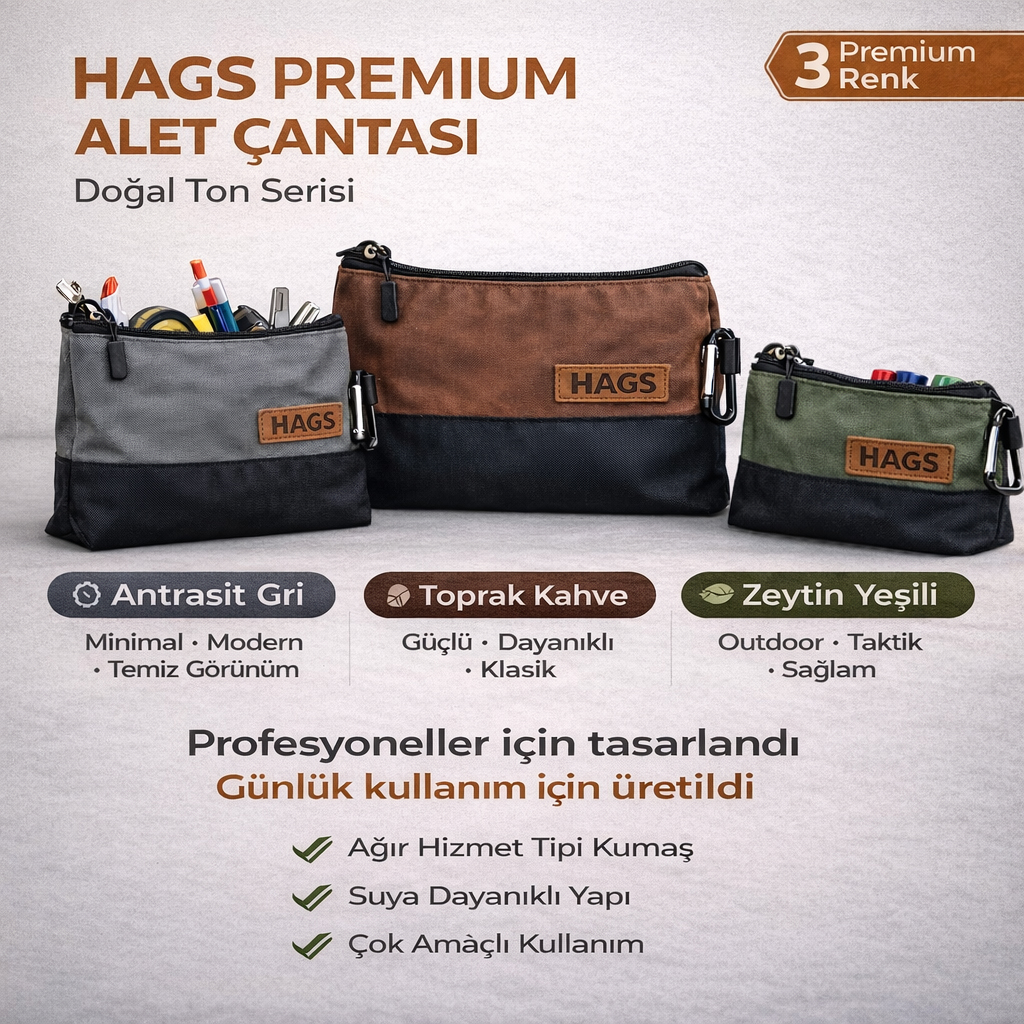 HAEGS Fermuarlı Küçük Alet Çantası Oxford Kumaş Karabina Kancalı Su Geçirmez Dik Durabilen Çok Amaçlı Alet Takım Organizer Düzenleyici Saklama Çantası Ağır Hizmet Tipi 3 lu Karışık Boy - Gri 3
