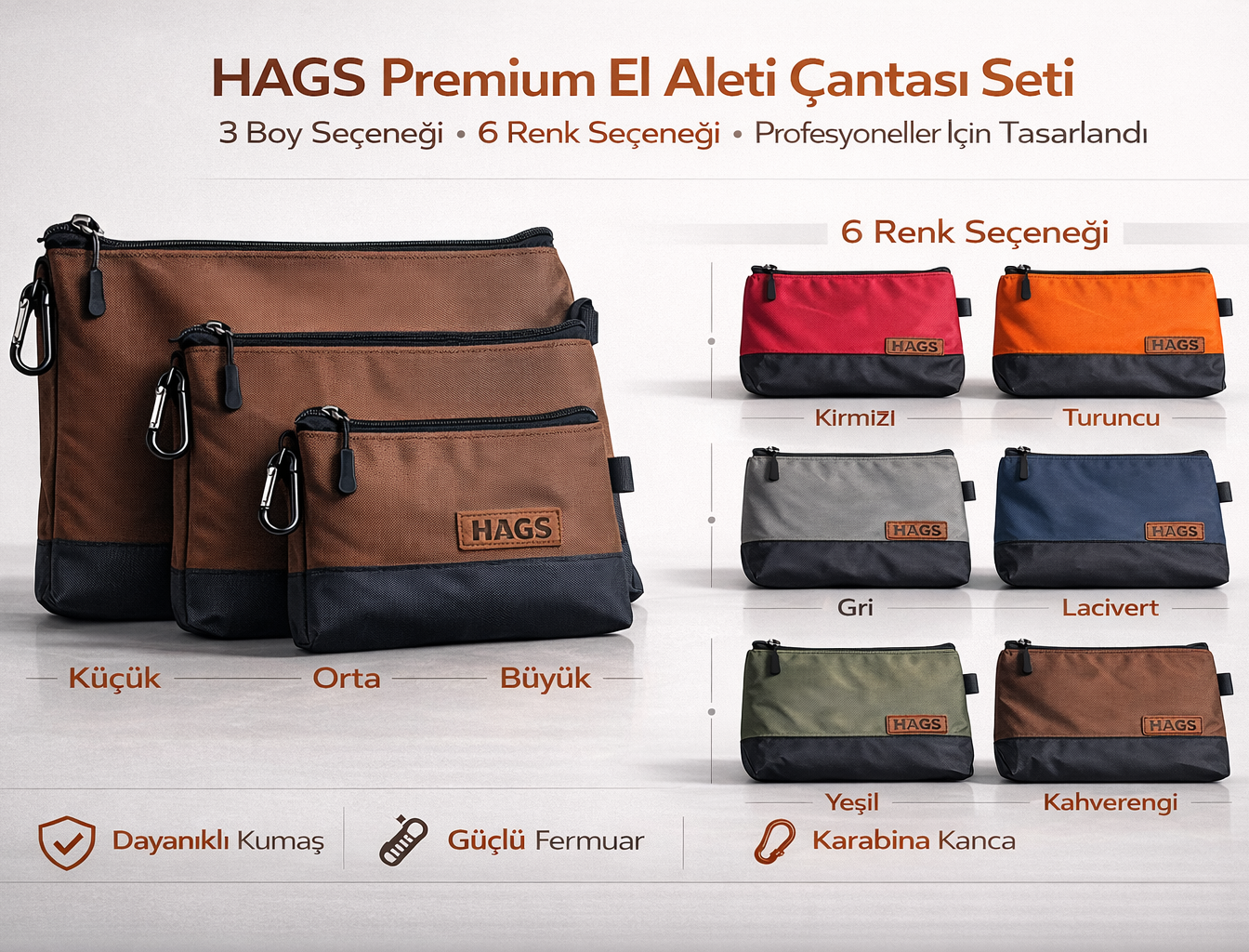 HAEGS Fermuarlı Küçük Alet Çantası Oxford Kumaş Karabina Kancalı Su Geçirmez Dik Durabilen Çok Amaçlı Alet Takım Organizer Düzenleyici Saklama Çantası Ağır Hizmet Tipi 3 lu Karışık Boy - Kırmızı 5