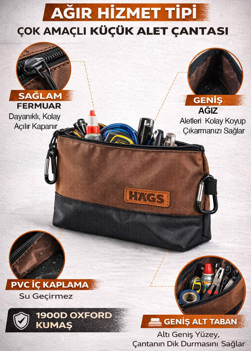 HAEGS Fermuarlı Küçük Alet Çantası Oxford Kumaş Karabina Kancalı Su Geçirmez Dik Durabilen Çok Amaçlı Alet Takım Organizer Düzenleyici Saklama Çantası Ağır Hizmet Tipi 3 lu Karışık Boy - Kırmızı 6