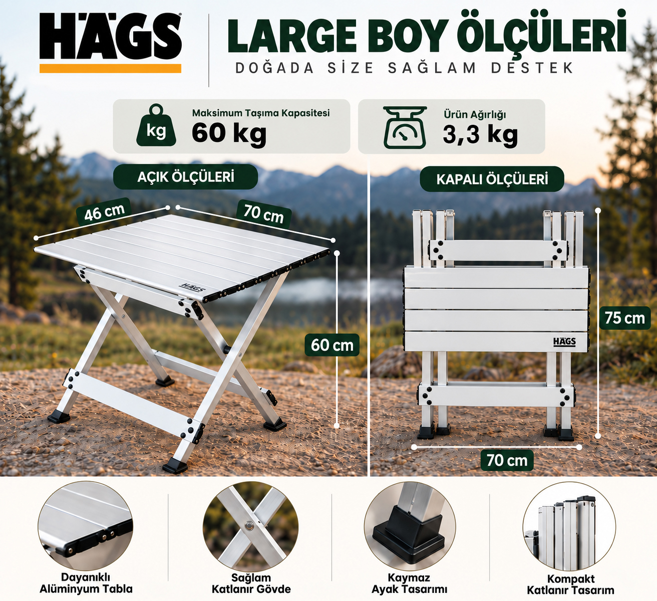 HAEGS Katlanır Kamp Masası X Fold Komple Alüminyum Kolay Katlanır Kamp Piknik Balkon Veranda Masası Sehpa Large 70 x 46 cm - Gümüş 3