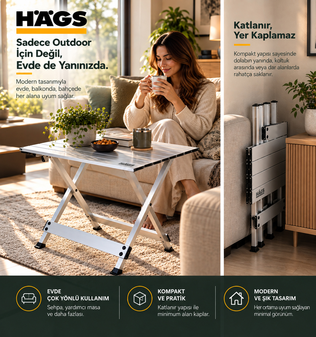 HAEGS Katlanır Kamp Masası X Fold Komple Alüminyum Kolay Katlanır Kamp Piknik Balkon Veranda Masası Sehpa Medium 55 x 46 cm - Gümüş 5