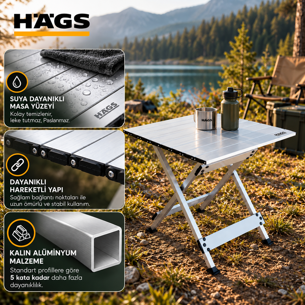 HAEGS Katlanır Kamp Masası X Fold Komple Alüminyum Kolay Katlanır Kamp Piknik Balkon Veranda Masası Sehpa Medium 55 x 46 cm - Gümüş 6