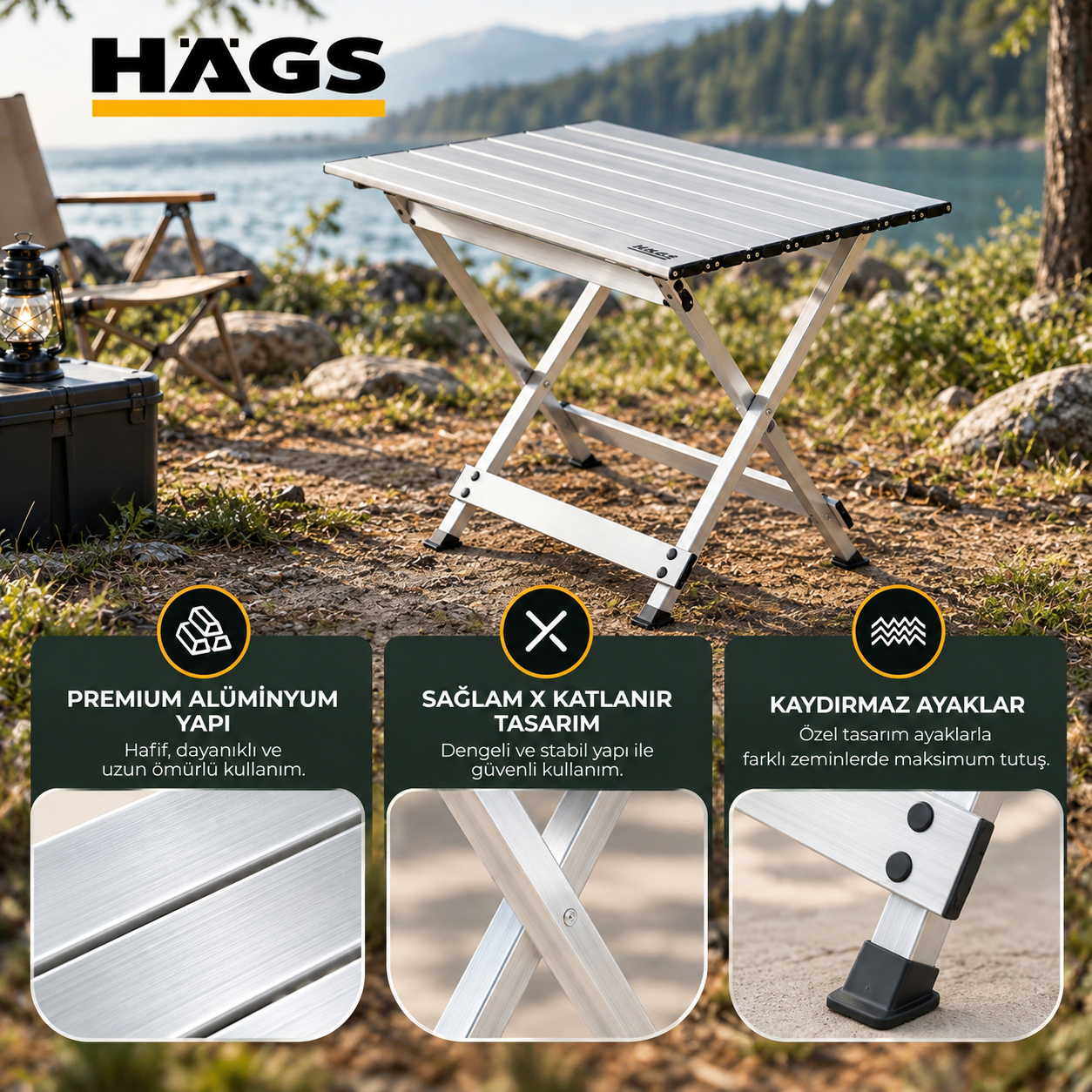 HAEGS Katlanır Kamp Masası X Fold Komple Alüminyum Kolay Katlanır Kamp Piknik Balkon Veranda Masası Sehpa Medium 55 x 46 cm - Gümüş 7