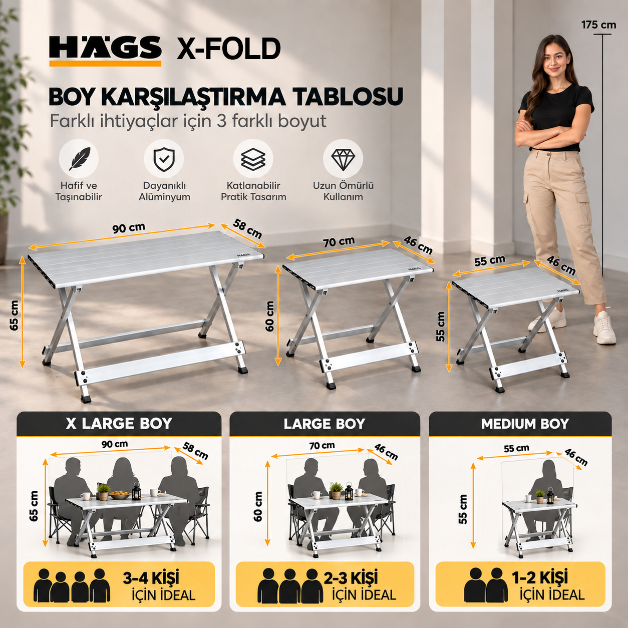 HAEGS Katlanır Kamp Masası X Fold Komple Alüminyum Kolay Katlanır Kamp Piknik Balkon Veranda Masası Sehpa Medium 55 x 46 cm - Gümüş 4