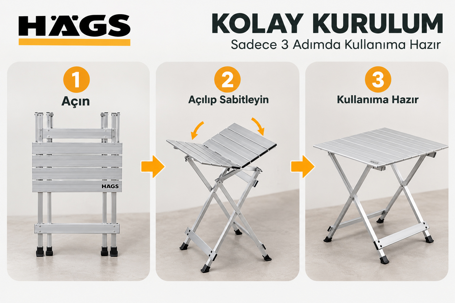 HAEGS Katlanır Kamp Masası X Fold Komple Alüminyum Kolay Katlanır Kamp Piknik Balkon Veranda Masası Sehpa Medium 55 x 46 cm - Gümüş 8