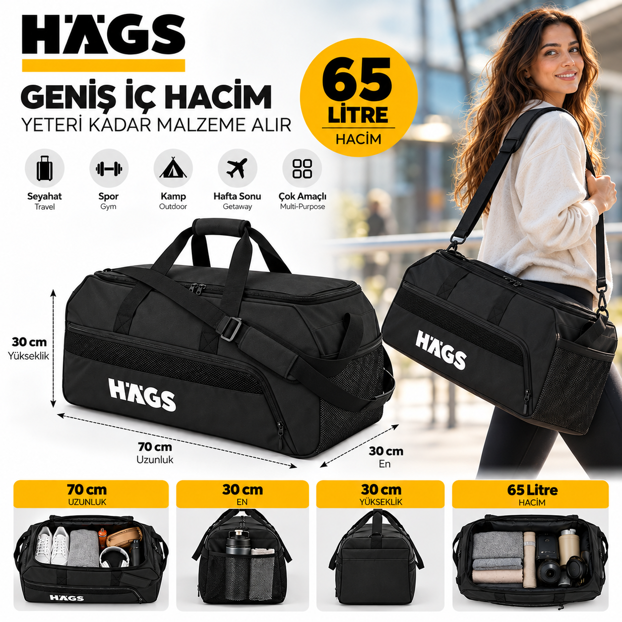 HAEGS Spor Seyahat Çantası Duffle Bag Taşıma Çantası Su Geçirmez Dayanıklı Erkek Kadın için Büyük Boy Spor Çantası Sports Kamp Malzemeleri Taşıma Saklama için 65Lt - Siyah 3