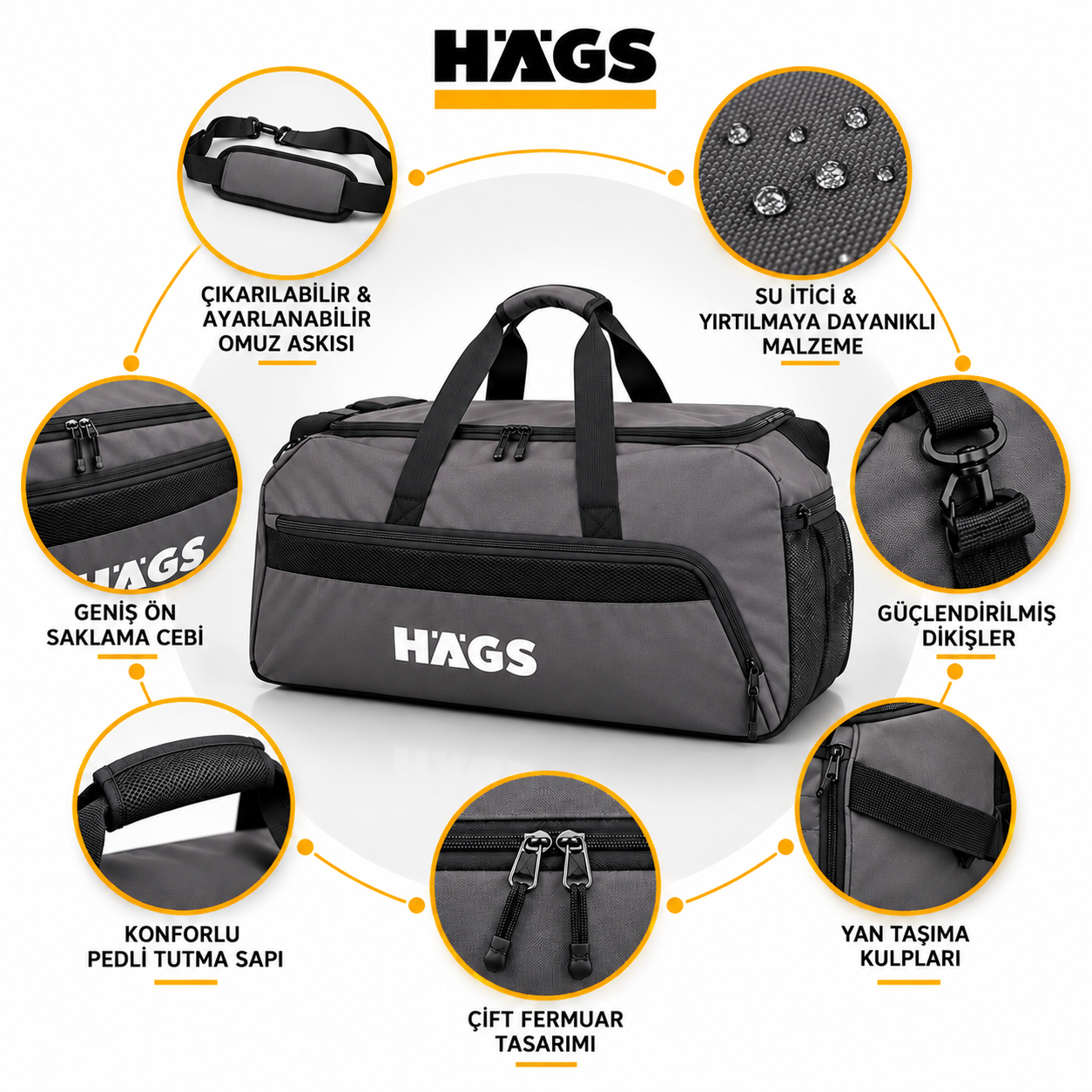 HAEGS Spor Seyahat Çantası Duffle Bag Taşıma Çantası Su Geçirmez Dayanıklı Erkek Kadın için Büyük Boy Spor Çantası Sports Kamp Malzemeleri Taşıma Saklama için 65Lt - Siyah 5