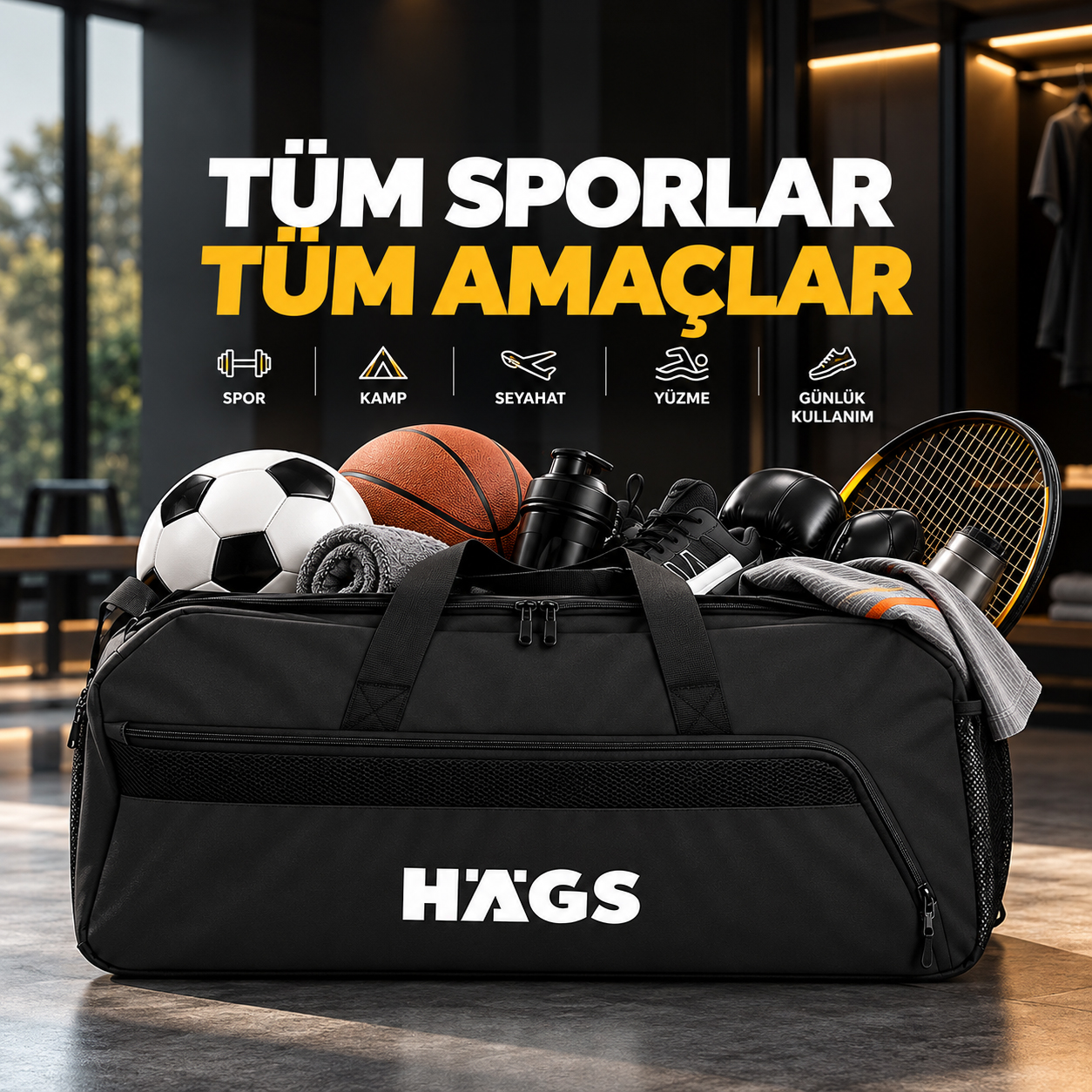 HAEGS Spor Seyahat Çantası Duffle Bag Taşıma Çantası Su Geçirmez Dayanıklı Erkek Kadın için Büyük Boy Spor Çantası Sports Kamp Malzemeleri Taşıma Saklama için 65Lt - Siyah 6