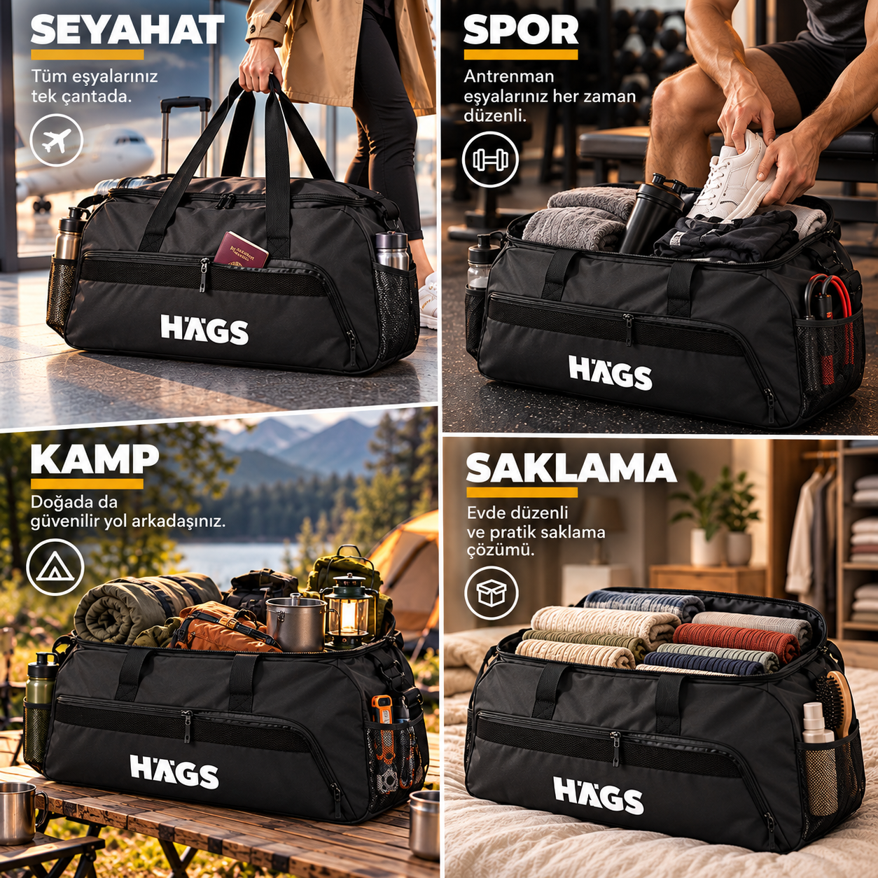 HAEGS Spor Seyahat Çantası Duffle Bag Taşıma Çantası Su Geçirmez Dayanıklı Erkek Kadın için Büyük Boy Spor Çantası Sports Kamp Malzemeleri Taşıma Saklama için 65Lt - Siyah 8