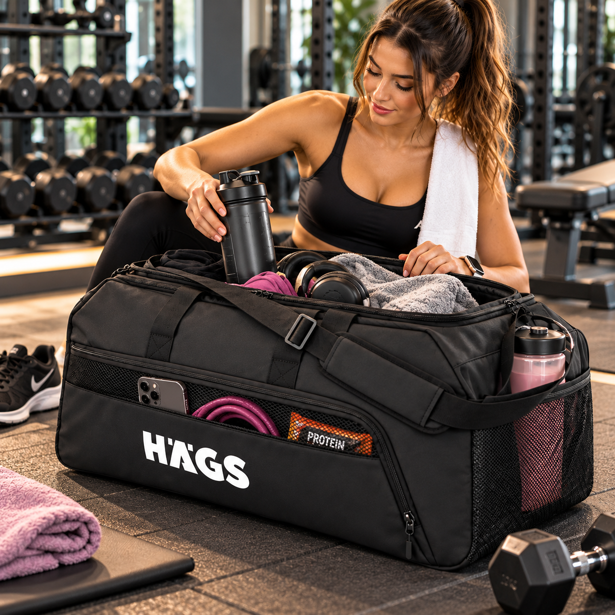 HAEGS Spor Seyahat Çantası Duffle Bag Taşıma Çantası Su Geçirmez Dayanıklı Erkek Kadın için Büyük Boy Spor Çantası Sports Kamp Malzemeleri Taşıma Saklama için 65Lt - Siyah 2