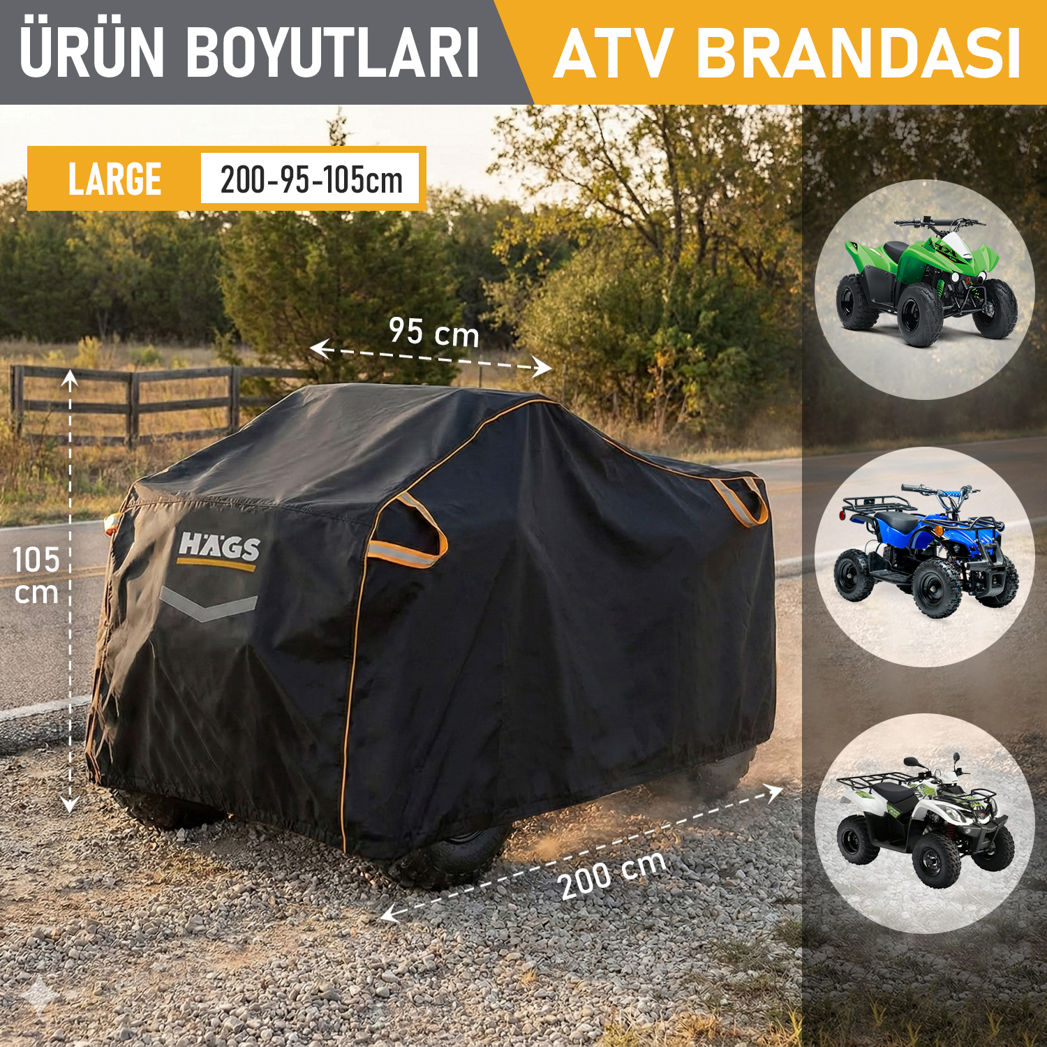 Haegs ATV Brandası ATV Koruma Kılıfı Örtüsü Su Geçirmez Dış Mekan Ağır Hizmet Tipi 4 Mevsim L-200-95-105cm - Gri 3