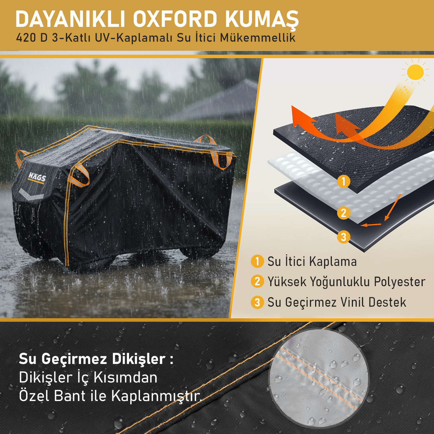 Haegs ATV Brandası ATV Koruma Kılıfı Örtüsü Su Geçirmez Dış Mekan Ağır Hizmet Tipi 4 Mevsim XL-210-120-115cm - Siyah 6