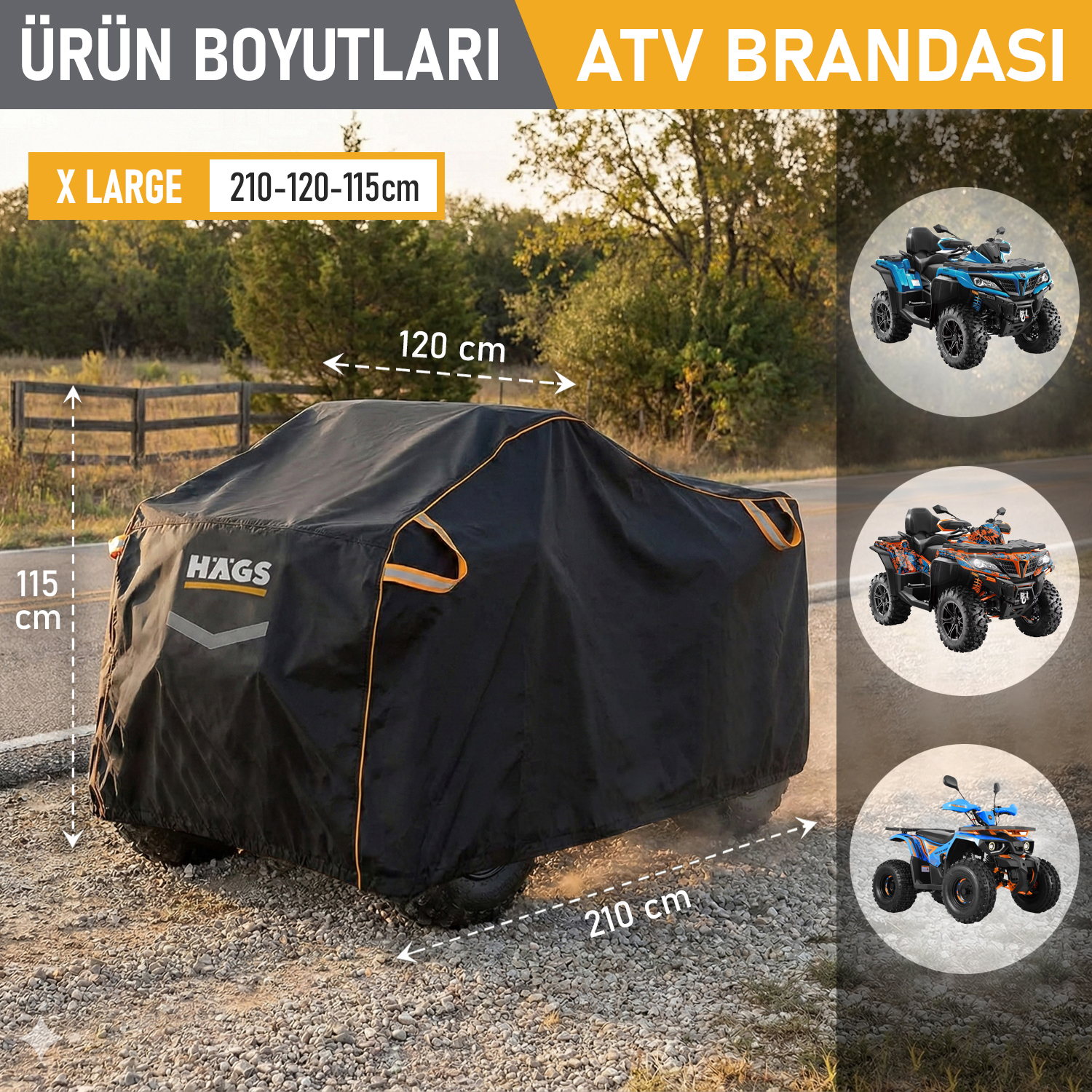 Haegs ATV Brandası ATV Koruma Kılıfı Örtüsü Su Geçirmez Dış Mekan Ağır Hizmet Tipi 4 Mevsim XL-210-120-115cm - Siyah 3