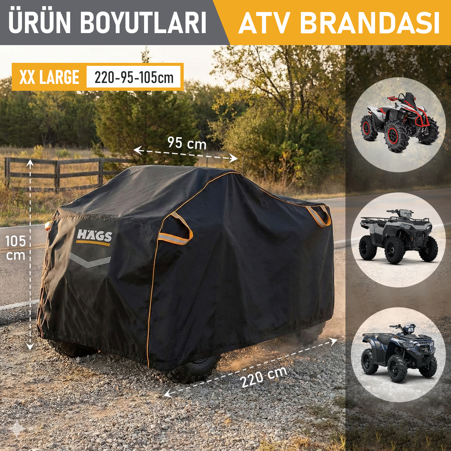 Haegs ATV Brandası ATV Koruma Kılıfı Örtüsü Su Geçirmez Dış Mekan Ağır Hizmet Tipi 4 Mevsim XXL-220-95-105 - Gri 3