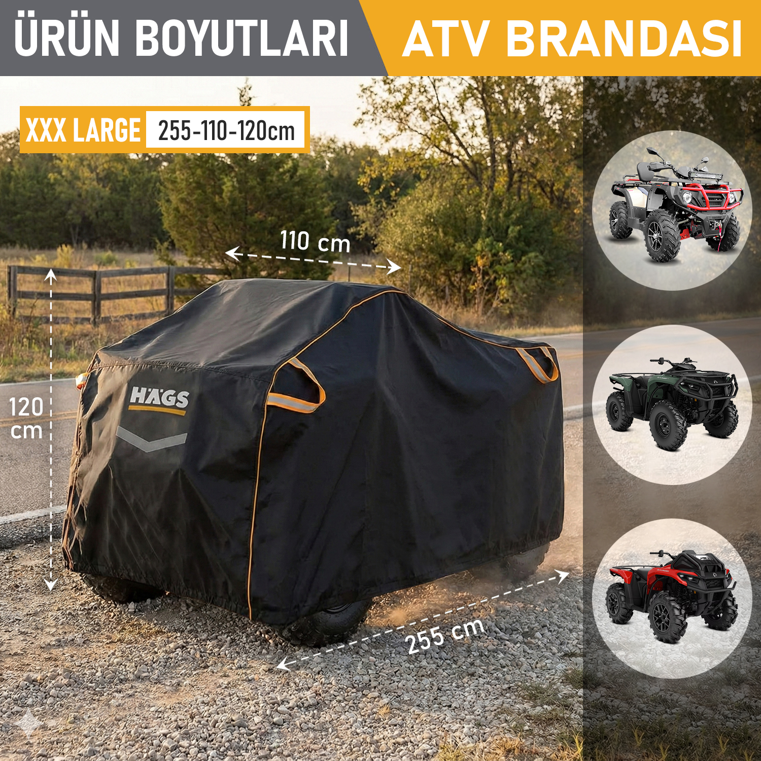 Haegs ATV Brandası ATV Koruma Kılıfı Örtüsü Su Geçirmez Dış Mekan Ağır Hizmet Tipi 4 Mevsim XXXL-255-110-120 - Siyah - Gri 3