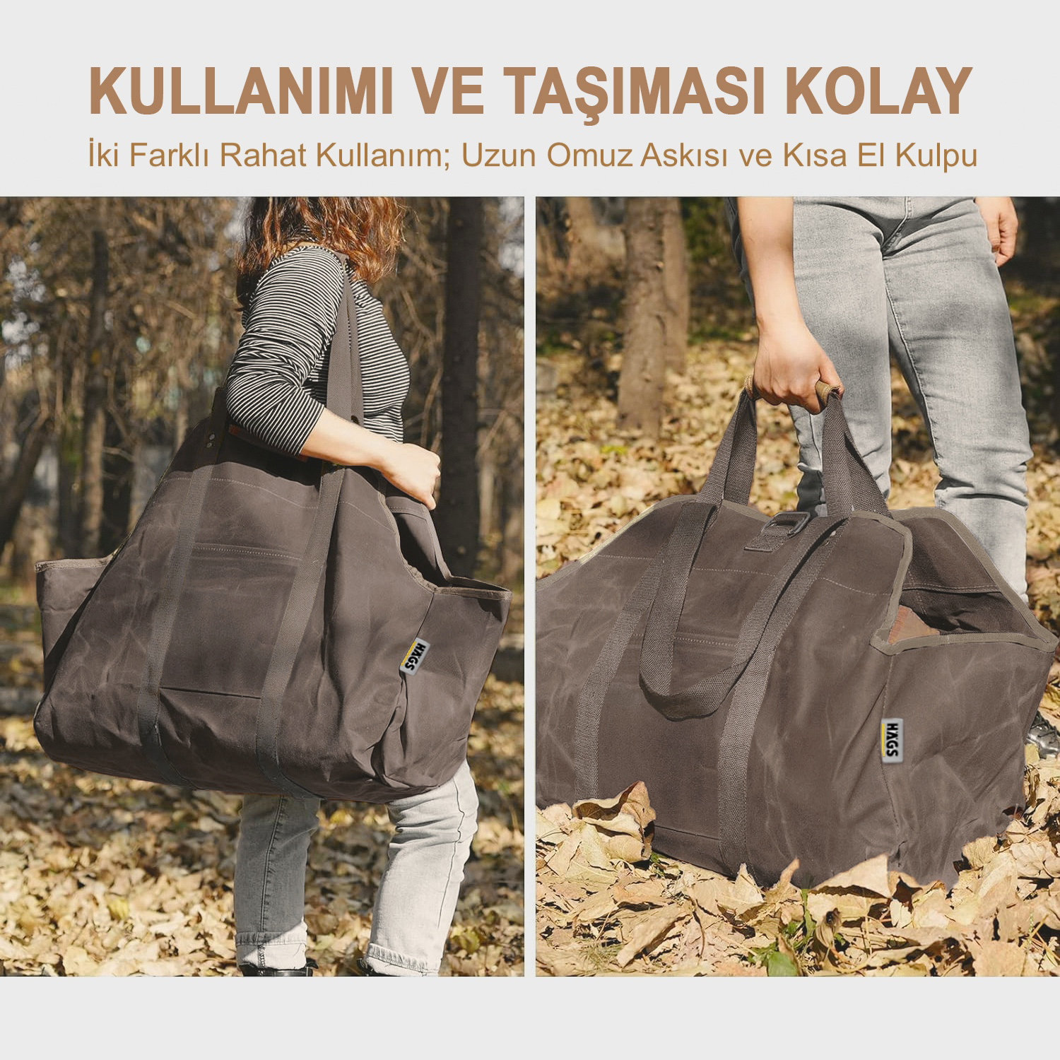 Haegs Ağır Hizmet Çantası Waxed Kanvas Şömine Odun Çantası Yakacak Kütük Taşıma Depolama Çantası Şömine Odunluk Aksesuarları - Büyük Boy - Kahverengi 4