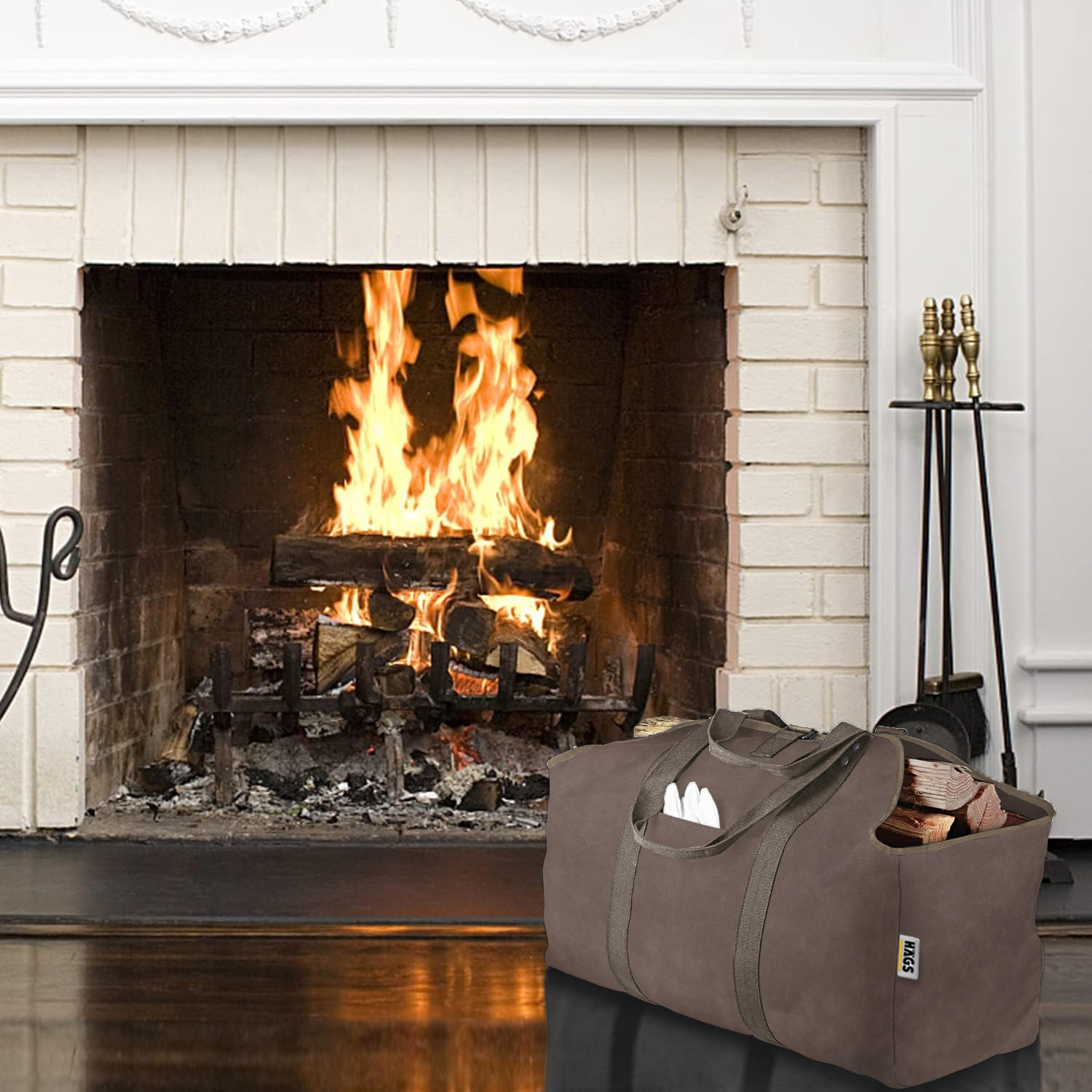 Haegs Ağır Hizmet Çantası Waxed Kanvas Şömine Odun Çantası Yakacak Kütük Taşıma Depolama Çantası Şömine Odunluk Aksesuarları - Büyük Boy - Kahverengi 5