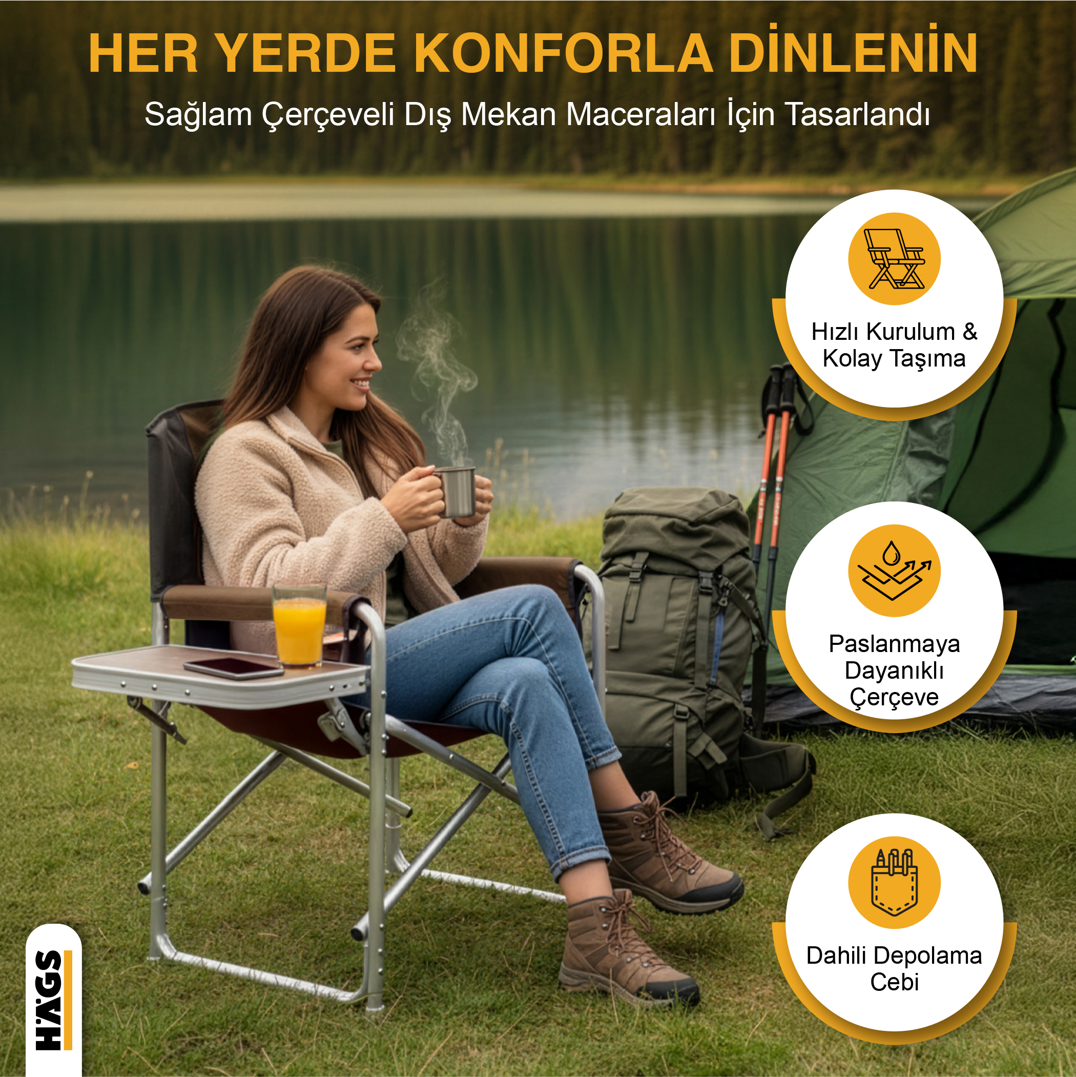 Haegs Alüminyum Kamp Sandalyesi Hafif Taşınabilir Katlanır Yönetmen Sandalyesi Yan Sehpa ve Çıkarılabilir Yan Cep ile Açık Hava Kampı Çim Piknik Bahçe Teras Balkon için Uygun Turuncu 4