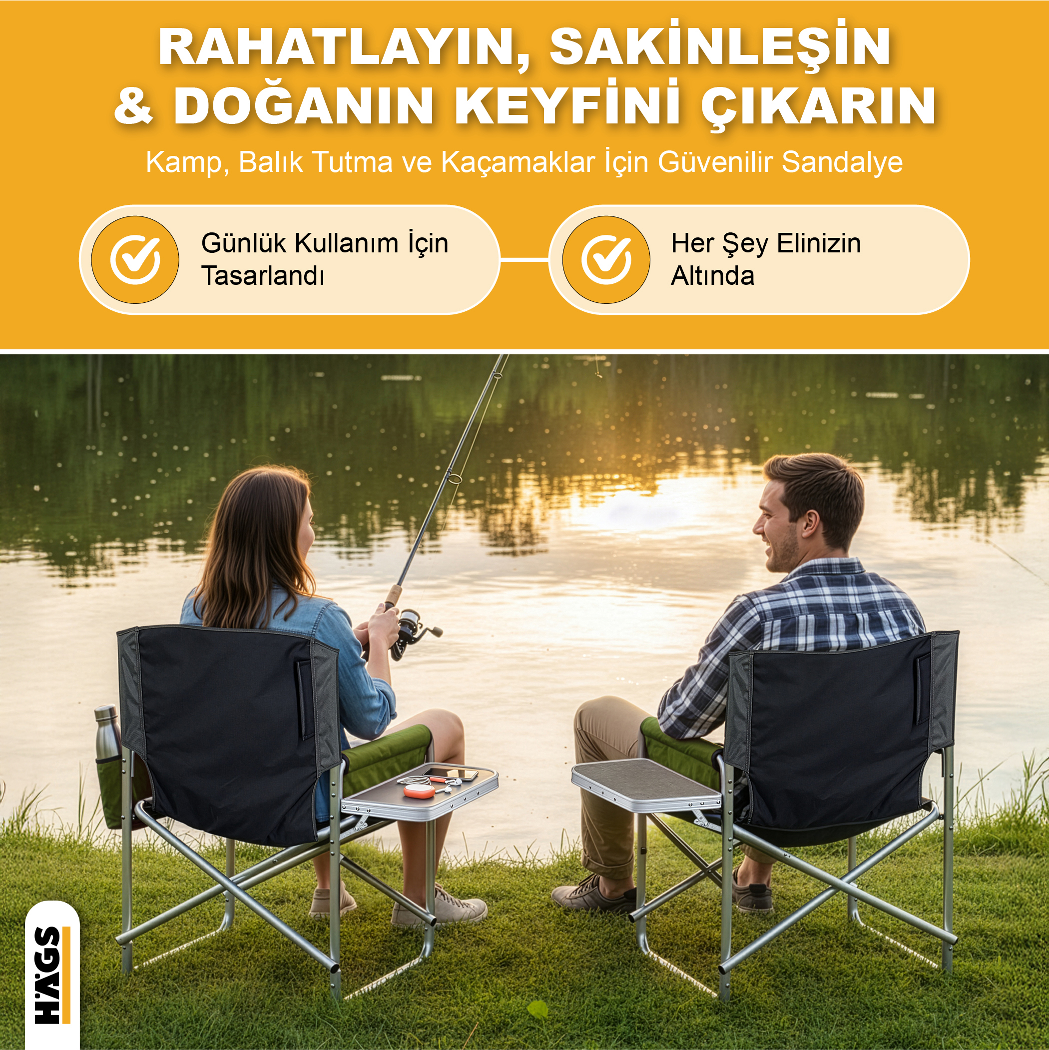 Haegs Alüminyum Kamp Sandalyesi Hafif Taşınabilir Katlanır Yönetmen Sandalyesi Yan Sehpa ve Çıkarılabilir Yan Cep ile Açık Hava Kampı Çim Piknik Bahçe Teras Balkon için Uygun Turuncu 5