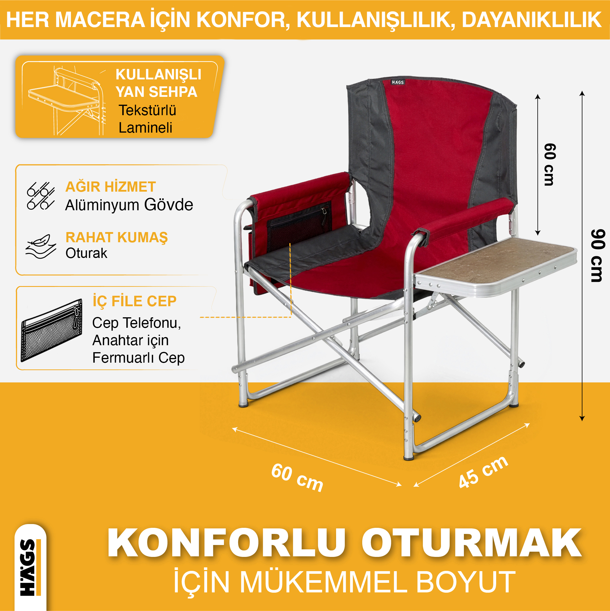 Haegs Alüminyum Kamp Sandalyesi Hafif Taşınabilir Katlanır Yönetmen Sandalyesi Yan Sehpa ve Çıkarılabilir Yan Cep ile Açık Hava Kampı Çim Piknik Bahçe Teras Balkon için Uygun Siyah 5