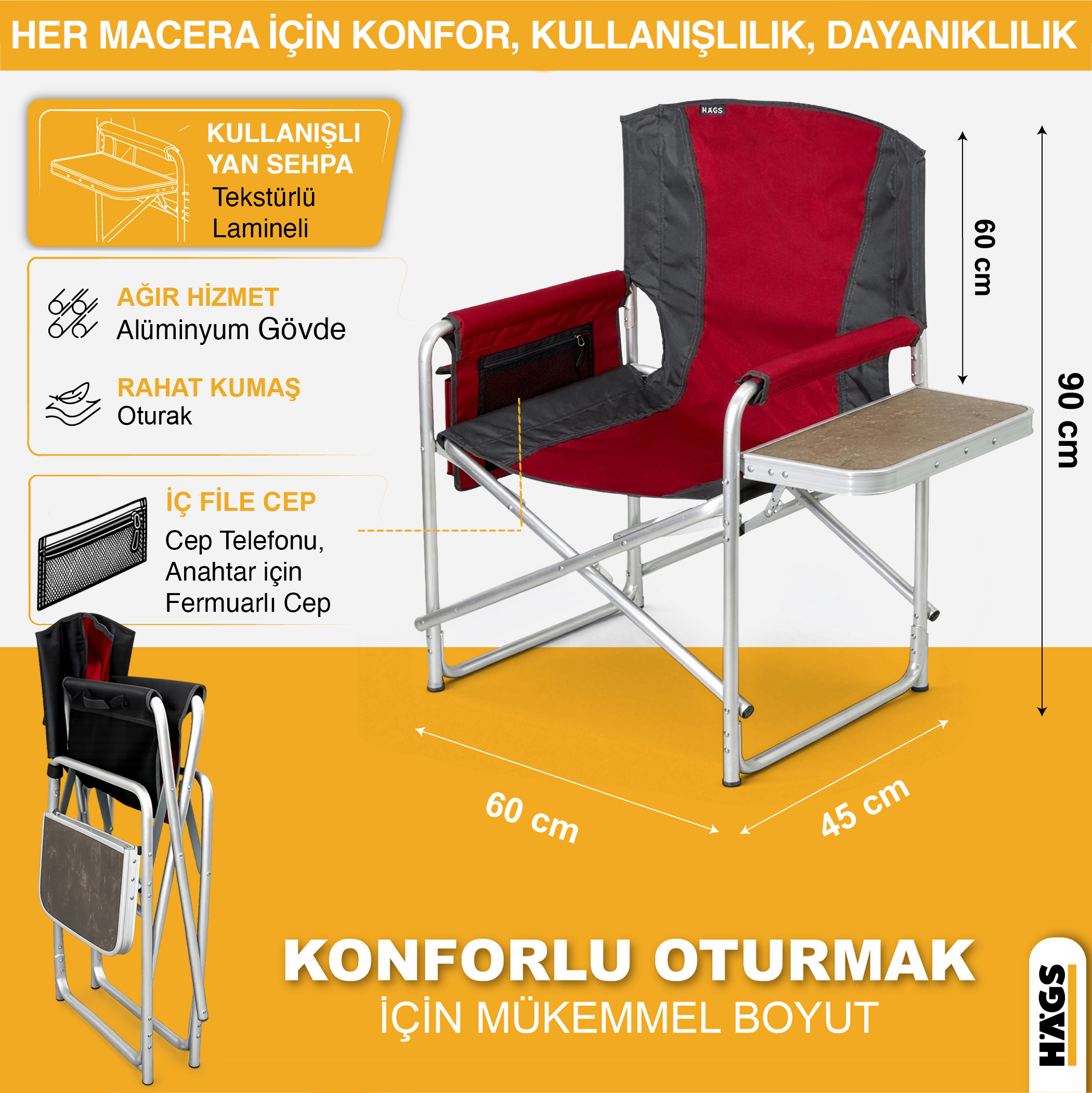 Haegs Alüminyum Kamp Sandalyesi Hafif Taşınabilir Katlanır Yönetmen Sandalyesi Yan Sehpa ve Çıkarılabilir Yan Cep ile Açık Hava Kampı Çim Piknik Bahçe Teras Balkon için Uygun Kahverengi 5