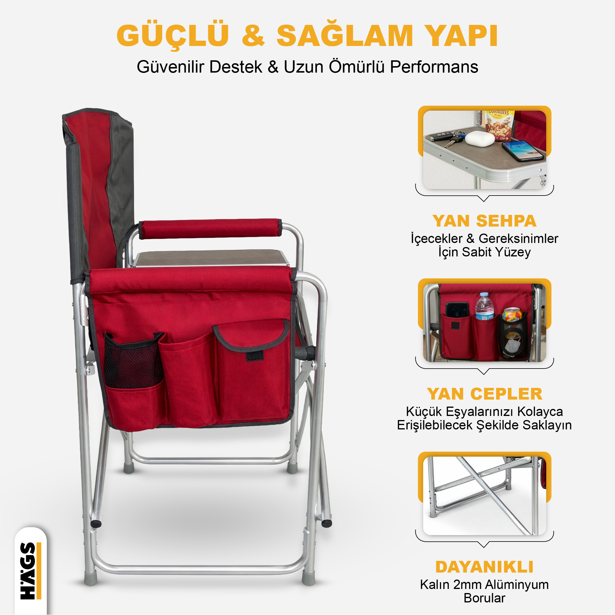 Haegs Alüminyum Kamp Sandalyesi Hafif Taşınabilir Katlanır Yönetmen Sandalyesi Yan Sehpa ve Çıkarılabilir Yan Cep ile Açık Hava Kampı Çim Piknik Bahçe Teras Balkon için Uygun Siyah 6