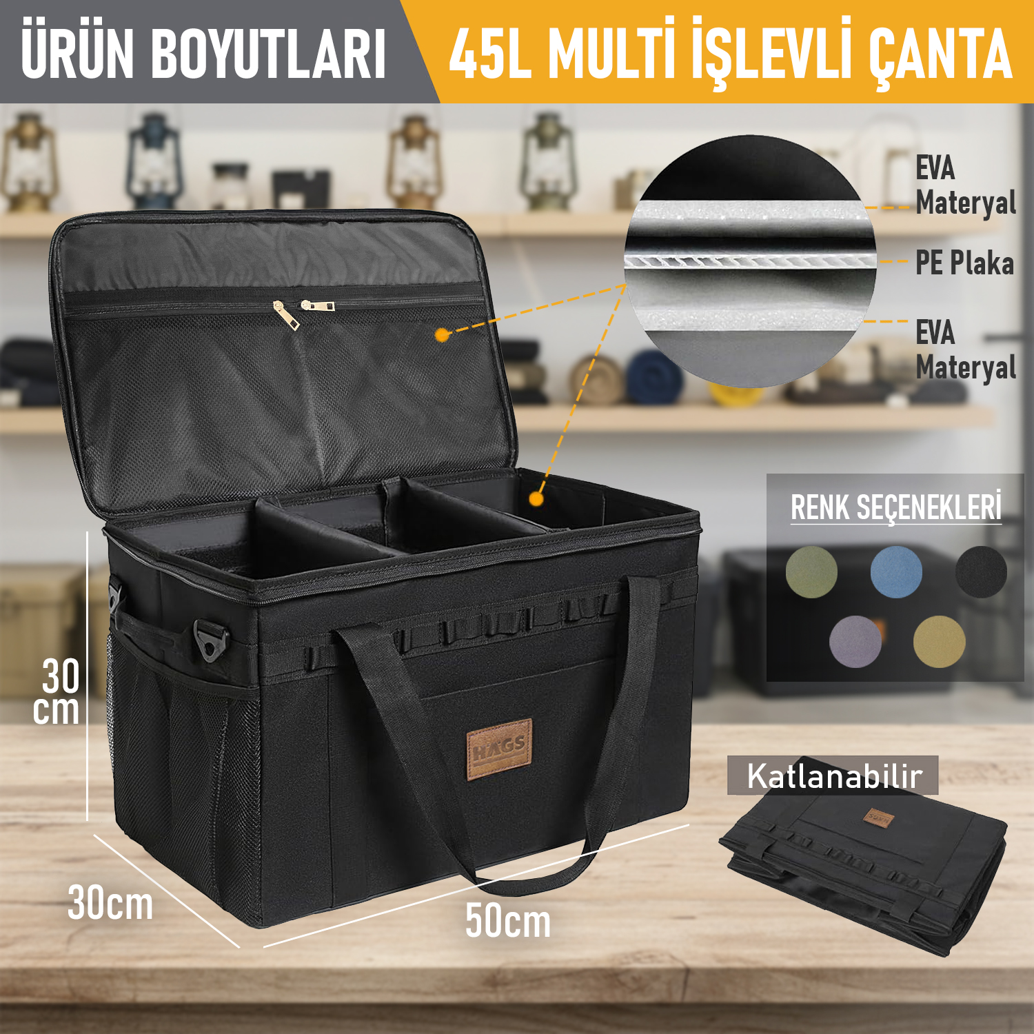 Haegs Araba Bagaj Organizer Çanta Çok Amaçlı Termal Çanta Araç içi Alet Eşya Düzenleyici Kamp Malzemeleri Piknik Çantası Taktik Yalıtımlı Soğutucu Yemek Taşıma Çantası 45 Lt haki 4